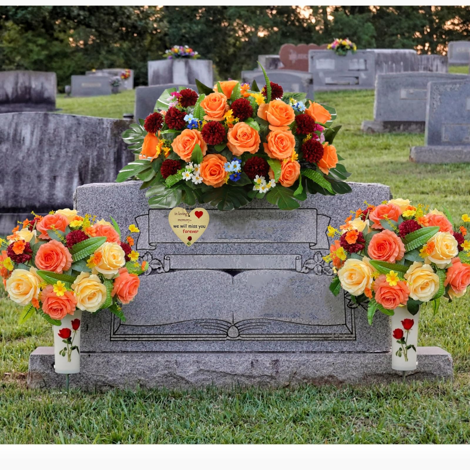 Artificial Cemetery Flowers With Vase & Saddle - Realistic Rose & Carnation Bouquets For Grave Decor - Weather-Resistant - View #6