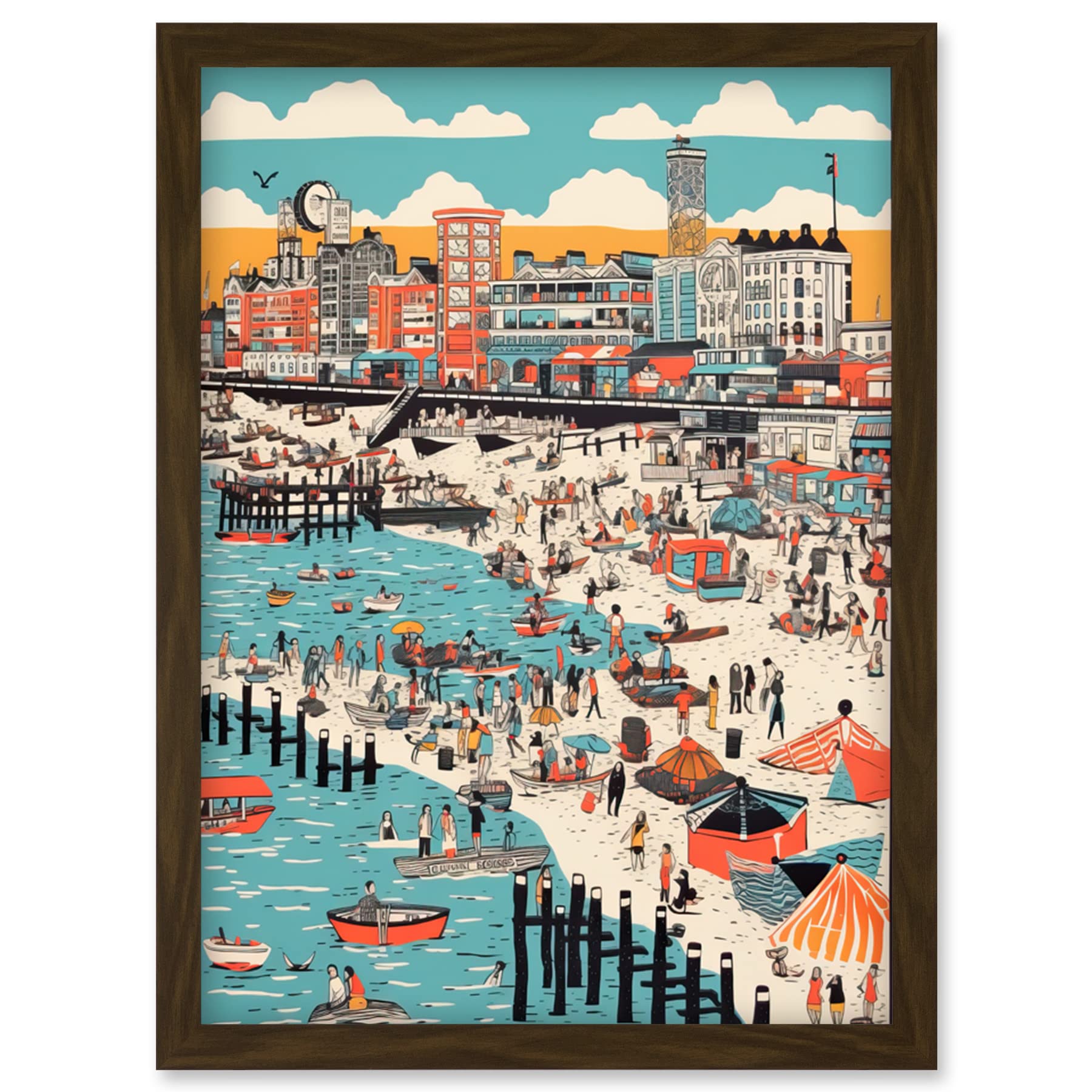 Artery8 Brighton Beach Warm Summer Day Colourful Scene Artwork Framed Wall Art Print A4