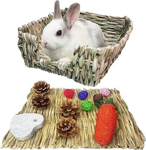 kathson Cama de hierba de conejo, portátil, hecha a mano con paja natural, ligera, protección para patas, nido de animales pequeños, juguetes