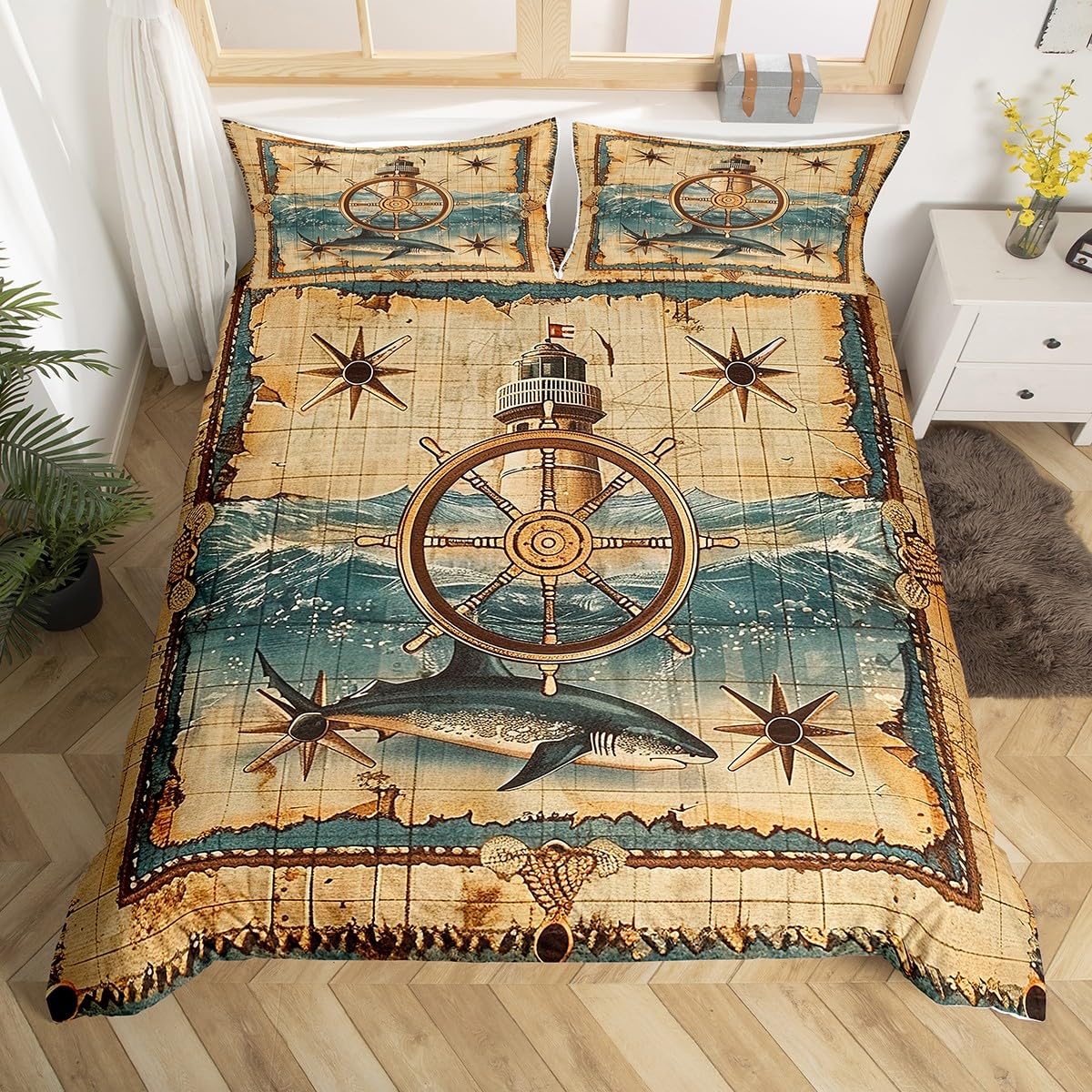 Parure de lit requin marron et bleu pour chambre d'enfant : fini les lits tristes et sans âme