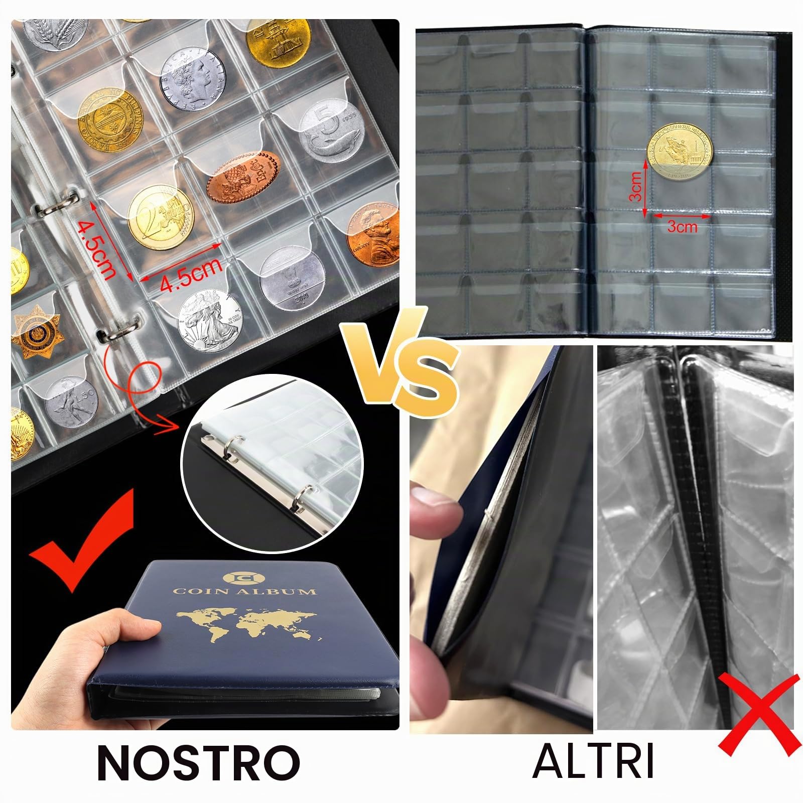 Album Monete da Collezione 420 Tasche,Libro Porta Monete da Collezione 3.5 * 3.5 cm/4.5 * 4.5 cm,Raccoglitore Monete 2 Euro,25x19 cm Coin Album 20 Pagine di Inserti Trasparenti