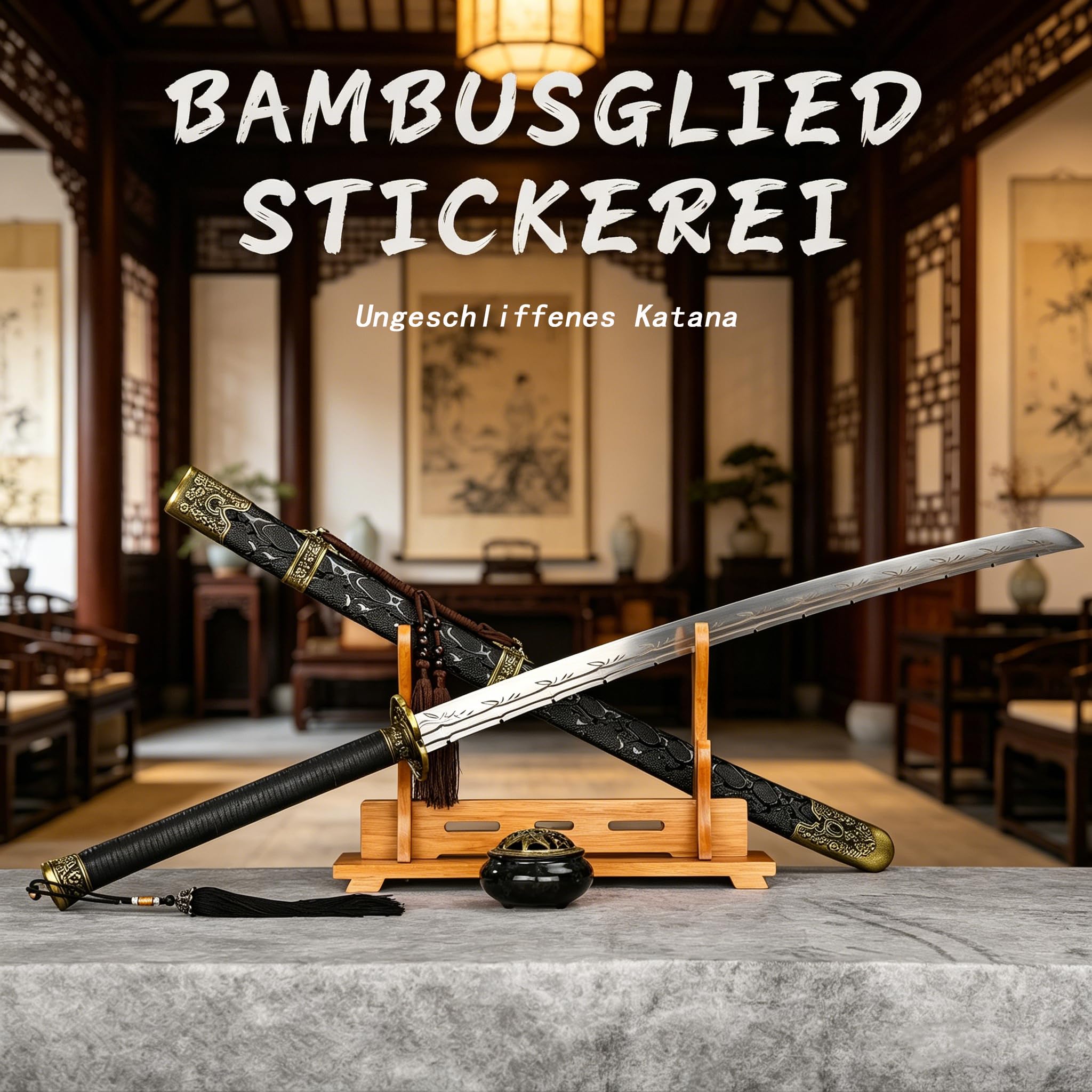 Katana Samuraischwert 104cm Nicht geschärft – Deko Schwert aus Edelstahl mit Bambusmuster, Schwarze Massivholz-Scheide, Japanisches Dekoschwert für Sammler, Cosplay & Geschenk