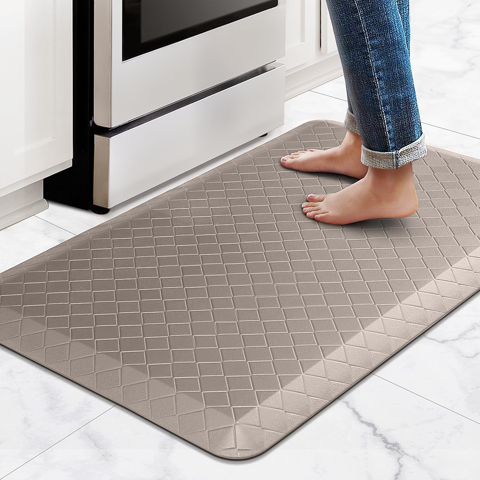 HappyTrendsKitchen Floor Mat - 4/5 Inch Thick Anti-Fatigue Kitchen Rug,Waterproof Non-Slip Kitchen Mats and Rugs Heavy Duty Ergonomic Comfort Rug for Kitchen,Office,Sink,Laundry,(22"x36", Khaki)