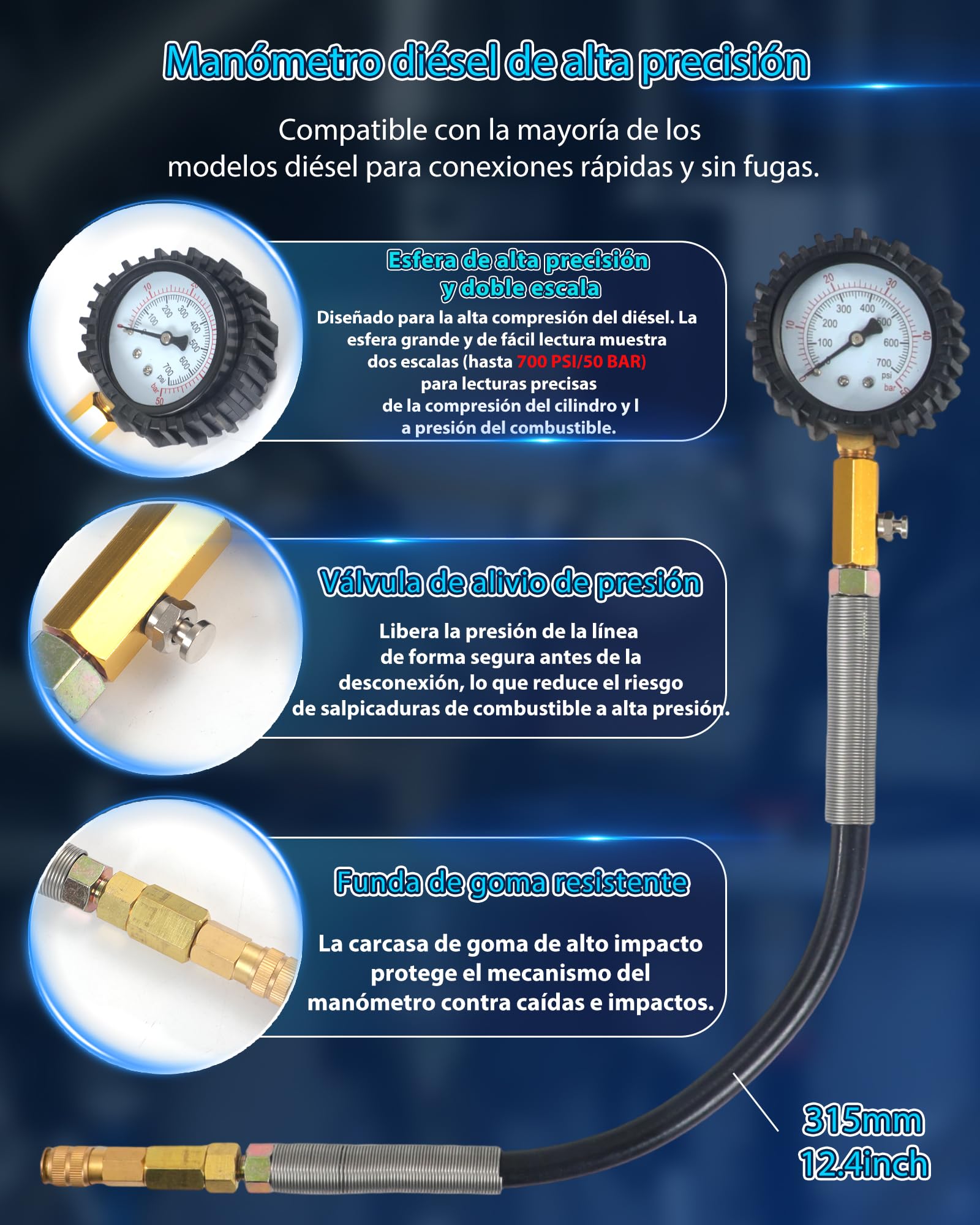 46 Piezas Kit de Comprobador de Compresión Automotriz con Indicador de Doble Dial Comprobador Compresión para Gasolina y Diésel Comprobador de Fugas de Cilindros para HDi, TDCi y Bomba (PD)