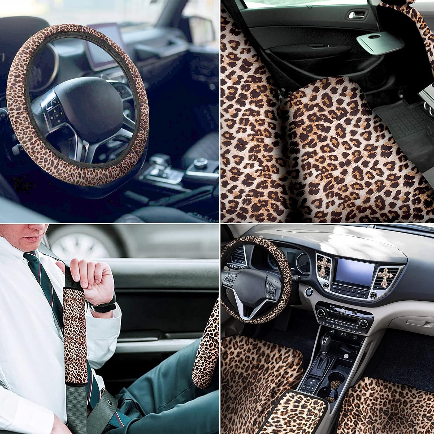 23 PCS Leapord Print Car Assecories, Include Seat Cover Leopard Steering Wheel Cover, Central Control Armrest Pad, Car Coasters and Keychain Holder, Headrest Covers, Ventilation Hole Decor