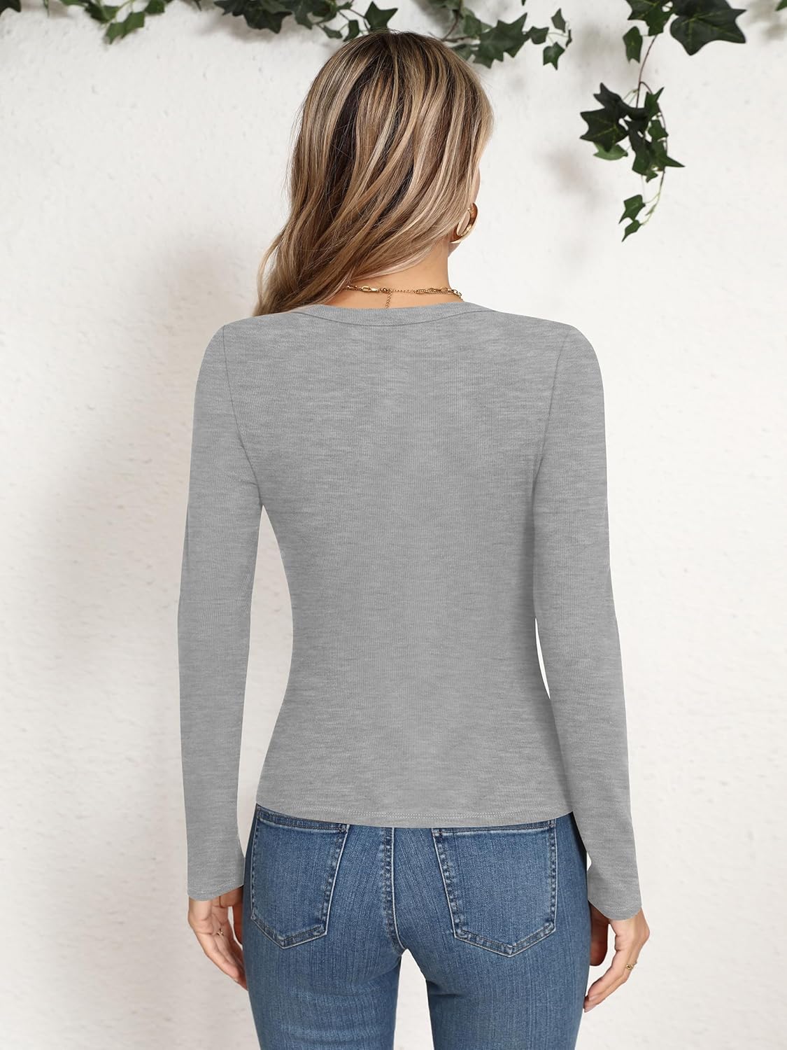 Laughido Women's Scoop Neck Long Sleeve Ribbed Knit Fleece Slim Fit Casual Basic T Shirt Crop Top 2025 Trendy Y2k Outfits - Image 4