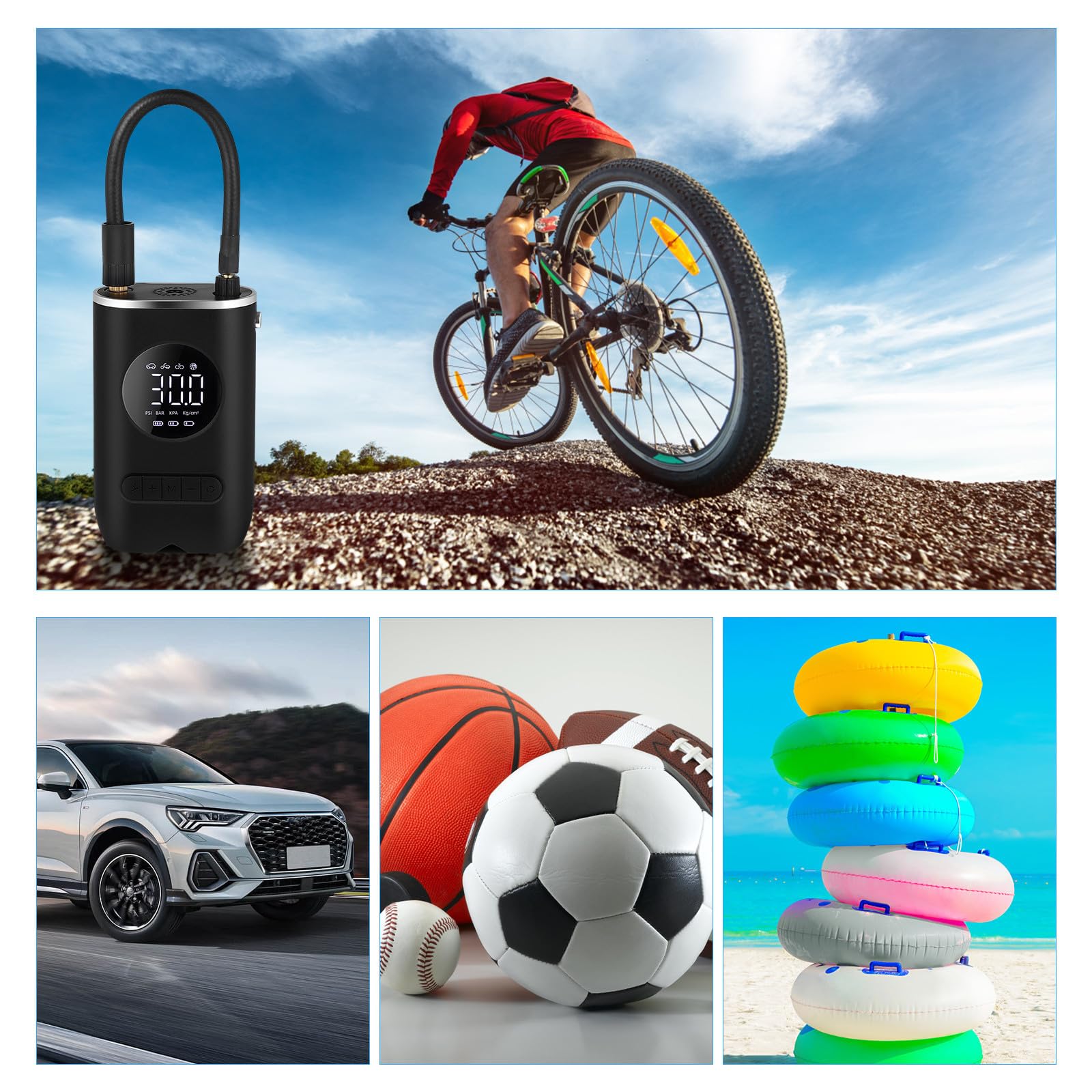 Inflador de Neumáticos Portátil Inalámbrico para Coche 70w 7, 4v | 4000mah, Pantalla Digital LED y Cuatro Modos de Inflado, Abs Negro Boquillas y Cable de Alimentación