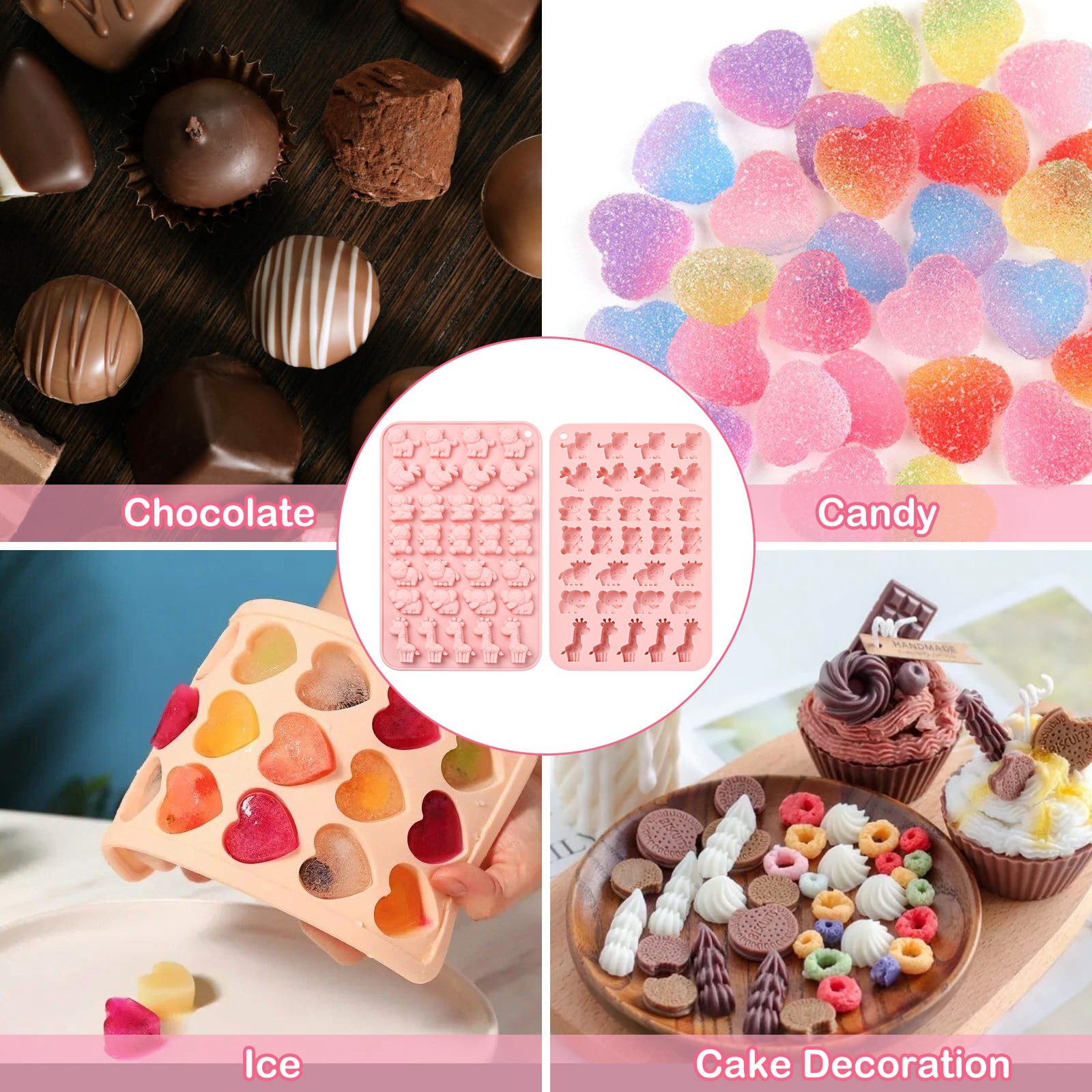 Stiesy Lot de 2 moules en silicone réutilisables à 31 cavités en forme d'animal de dessin animé mignon pour fondant, chocolat, savon, pudding, bonbons, glace, décoration de fête créative Stiesy Lot de 2 moules en silicone réutilisables à 31 cavités en forme d'animal de dessin animé mignon pour fondant, chocolat, savon, pudding, bonbons, glace, décoration de fête créative