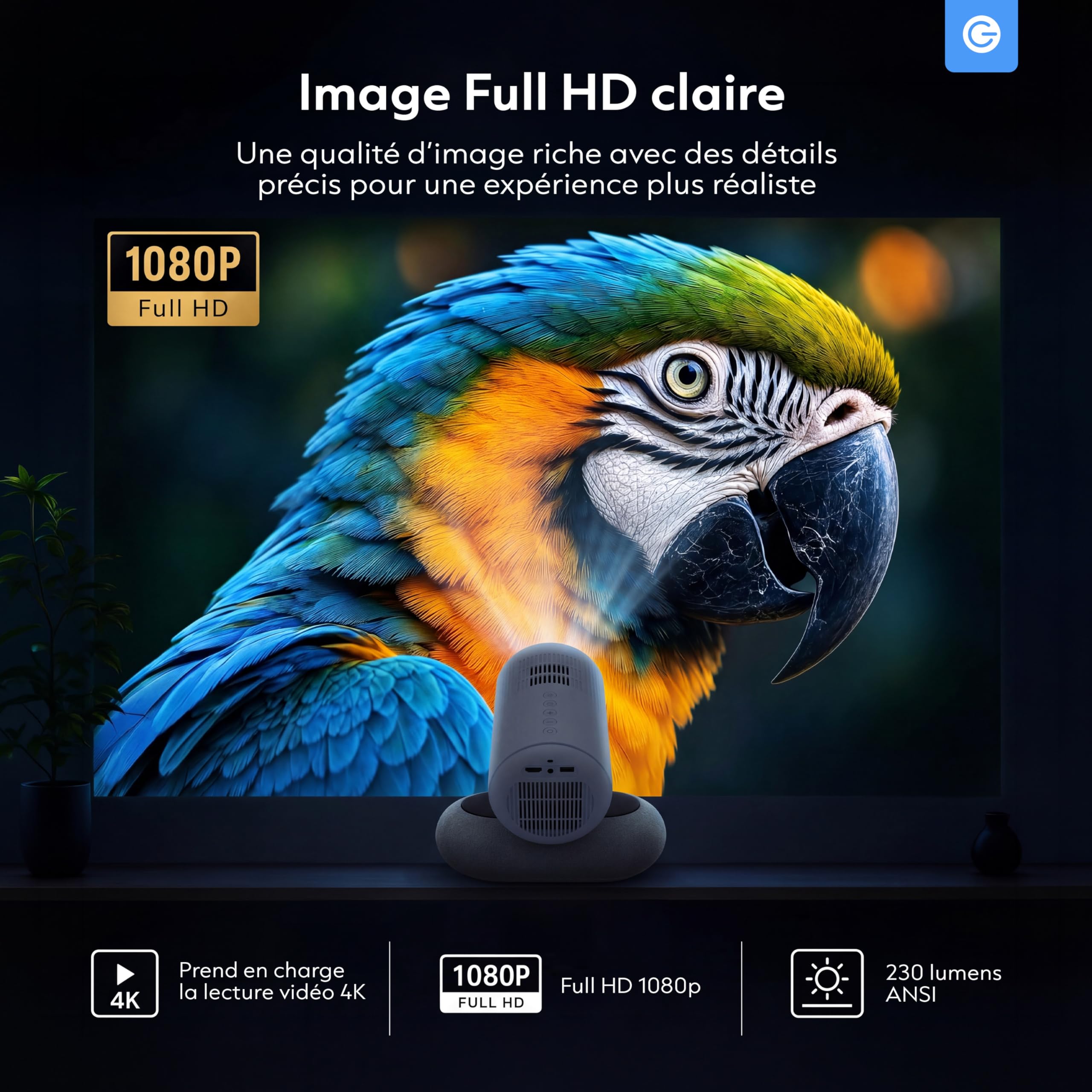 Silvergear® Vidéoprojecteur Full HD 1080p | Mini Projecteur Smart avec Autofocus & Correction Trapèze | Projecteur Video WiFi Bluetooth | Image Home Cinema 508cm | LED Ambient Light | HDMI USB | Blanc