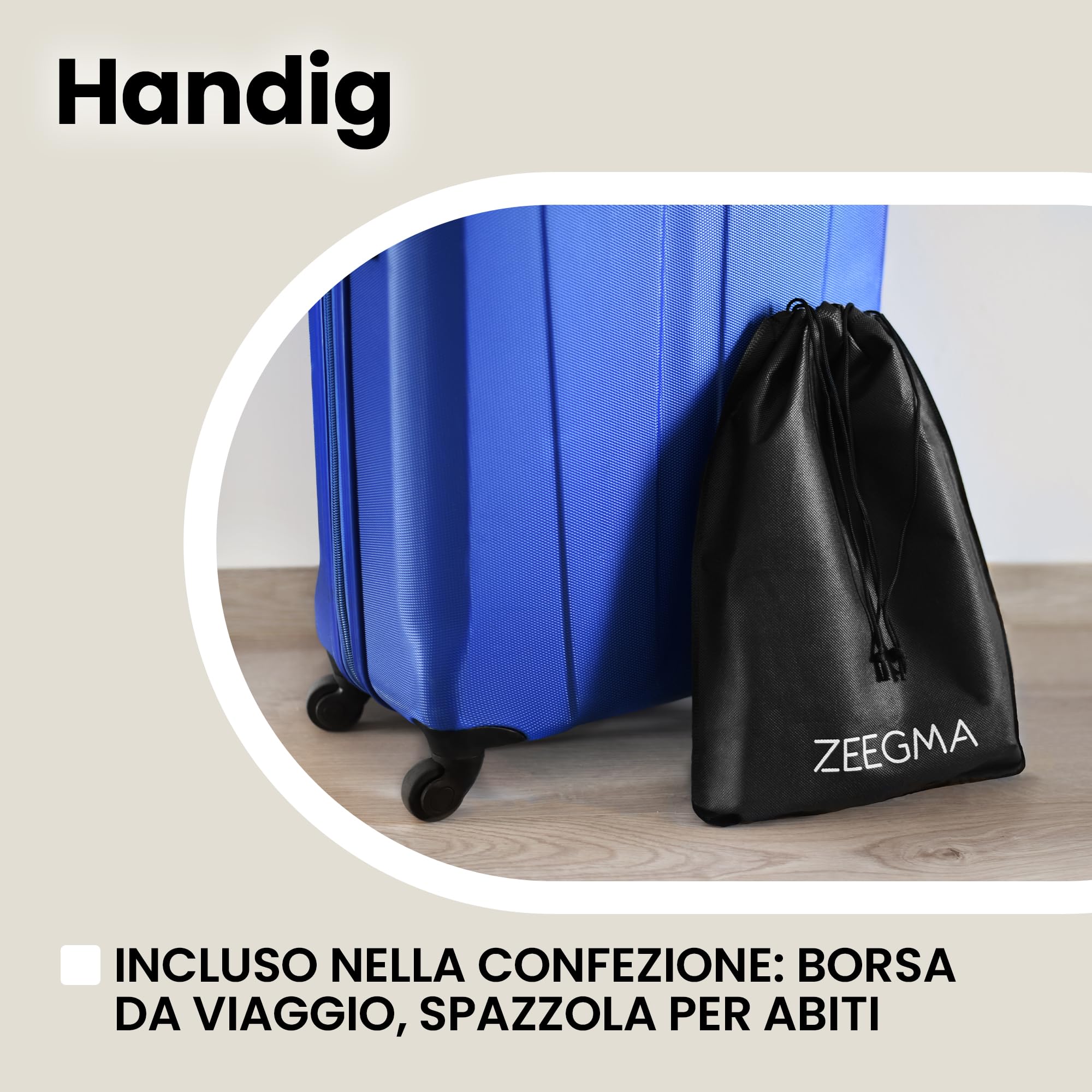ZEEGMA Handig Ferro da Stiro Verticale 1600 W, Serbatoio 260 ml | Cavo da 2,5 m, Sicuro per Diversi Tessuti, Spazzola per Tessuti Spessi, Borsa Inclusa