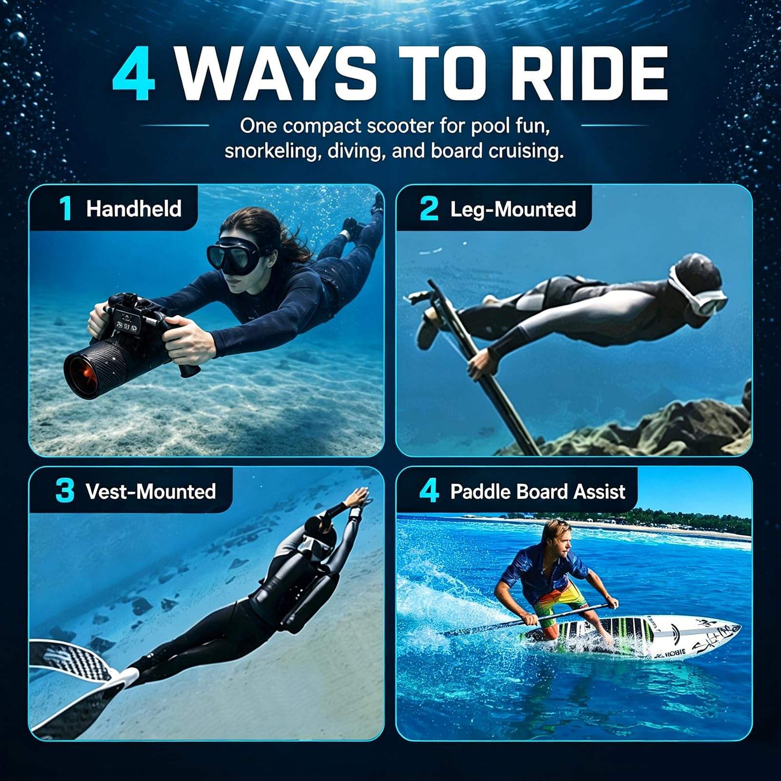 Scooter Submarino de 650W, Vehículo de Propulsión Subacuática para Buceo con 2 Baterías de 4400mAh y 2 Gafas de Natación, Profundidad Máxima de 40 m, Velocidad Máxima de 7 km/h, Empuje de 7,8 kg