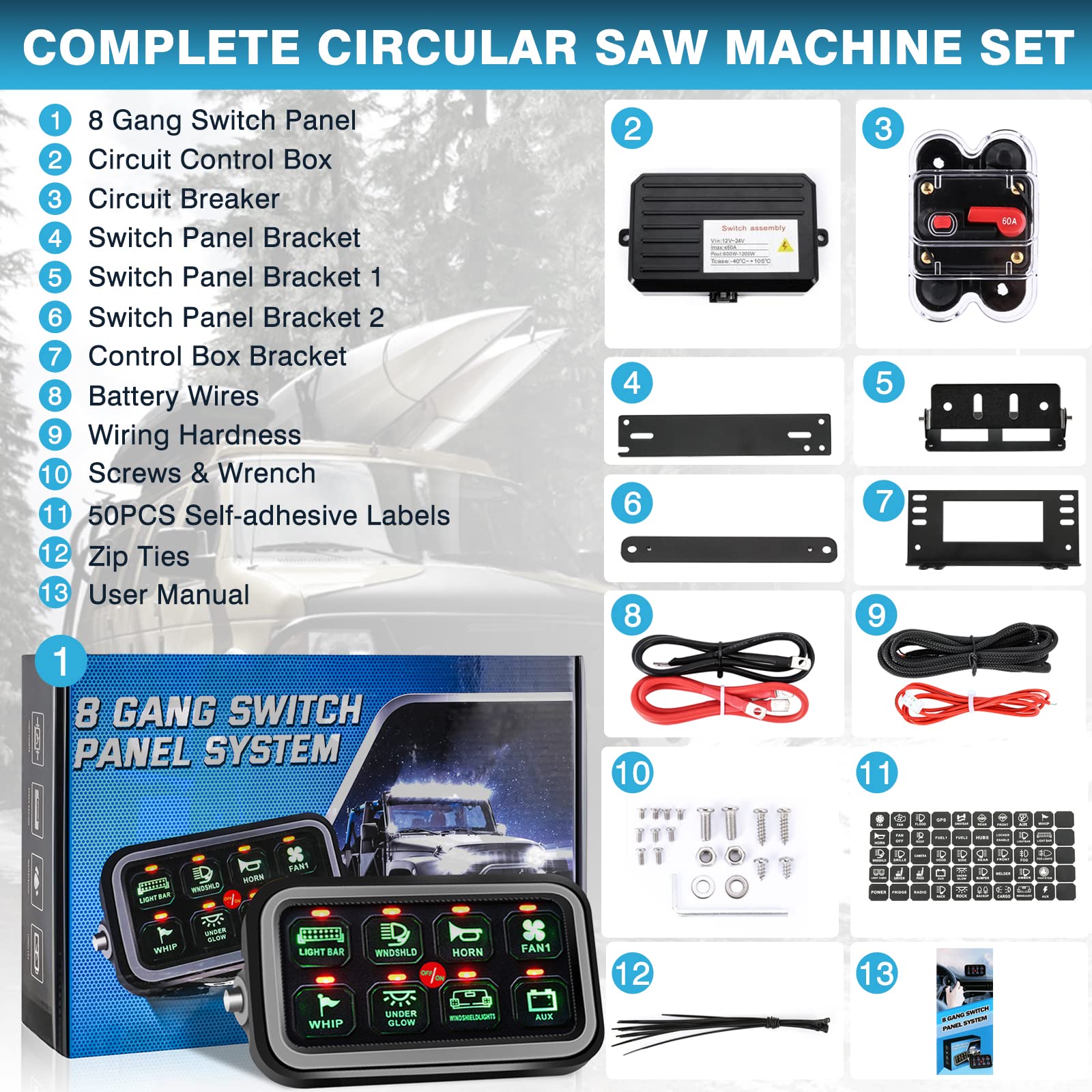 IRONWALLS 8 Gang Switch Panel, Automatic Dimmable LED On-Off Car Switch ...