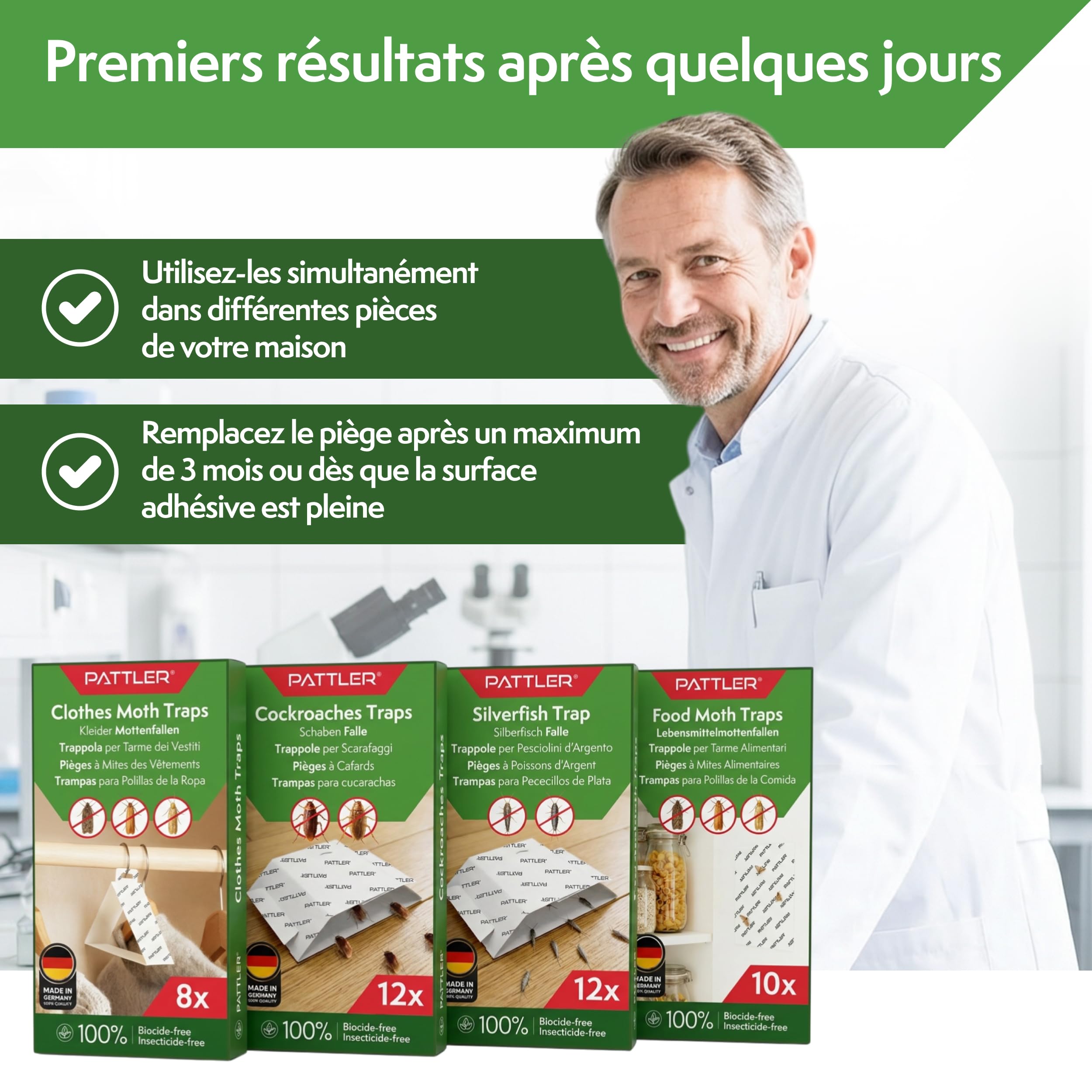 PATTLER Anti Mites Textiles avec Phéromones - 8 Pièces. Protection Anti Mites Vetements pour Armoire Vetement et Penderie, Pièges Adhésifs pour la Détection et Le Contrôle des Mites Textiles.