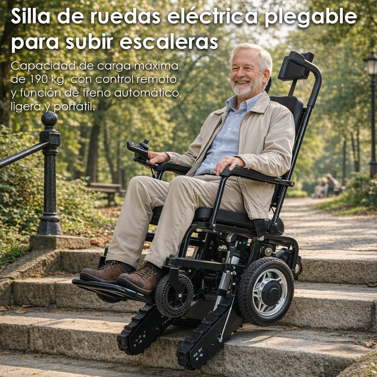 Silla Salvaescaleras Eléctrica 190kg, Batería 18Ah (50 Pisos), Plegable | Freno electromagnético activo, motor Brushless 200W, autonomía 15km, respaldo reclinable, apta para escaleras rectas