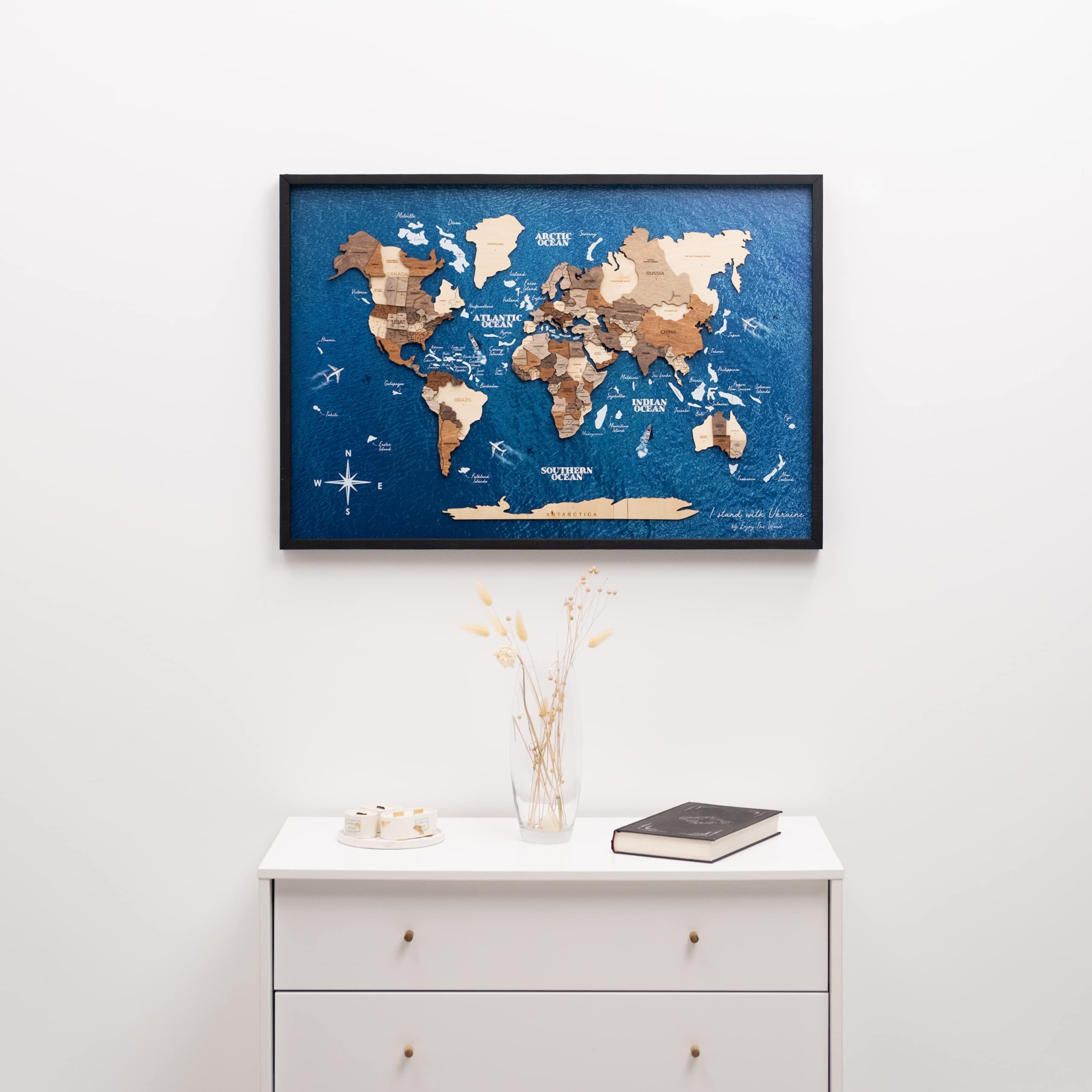 ENJOY THE WOOD Framed World Map Wall Art Wood Travel Decor 3D World Map On Board Wall Rustic Decoration Housewarming Gift (Medium, Board, Multicolor)