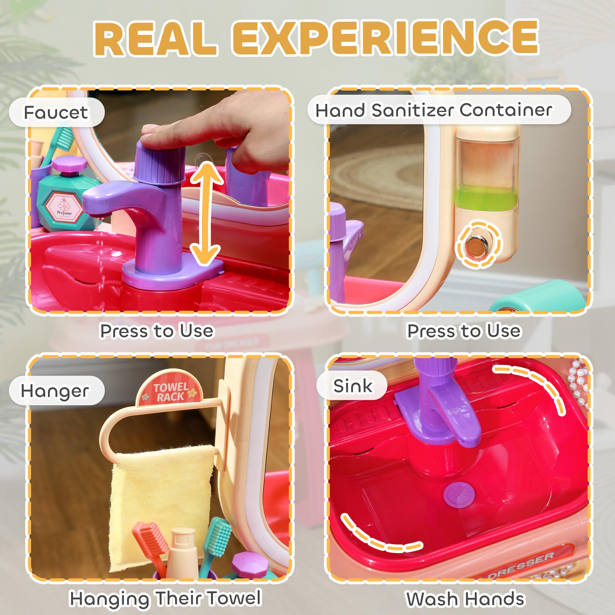 AIYAPLAY - Juego de tocador para niños, 23 Unidades, Mesa de Maquillaje con Espejo, luz LED y música, para niños de 3 a 6 años, Color Rosa