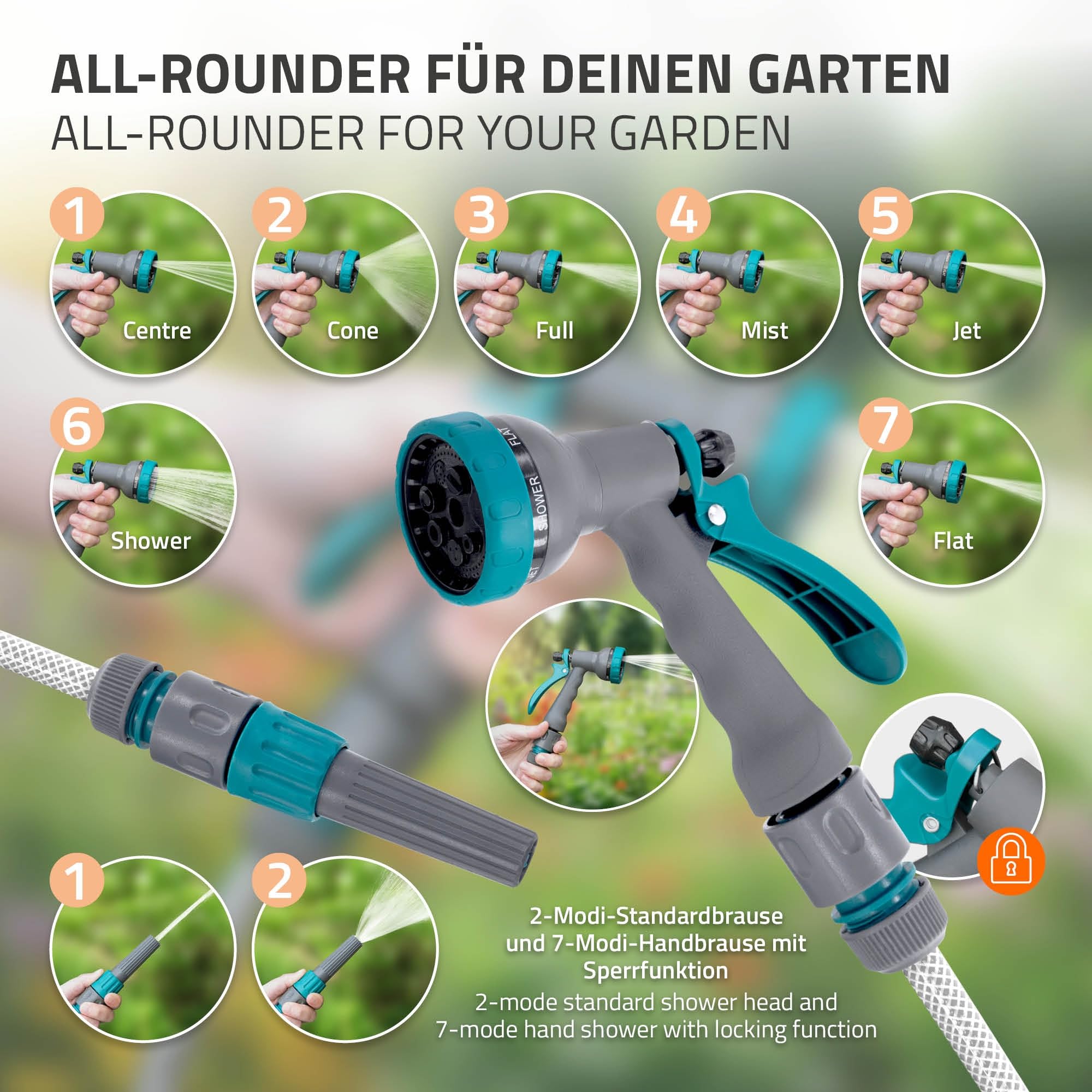 ECD Germany Tuinslanghaspel 20m 2m Muurgemonteerde Slanghouder met RollUp-Functie Vergrendelingssysteem en 9 Sproeistanden 180° Zwenkbaar Automatische Waterslangbox voor Wandbevestiging