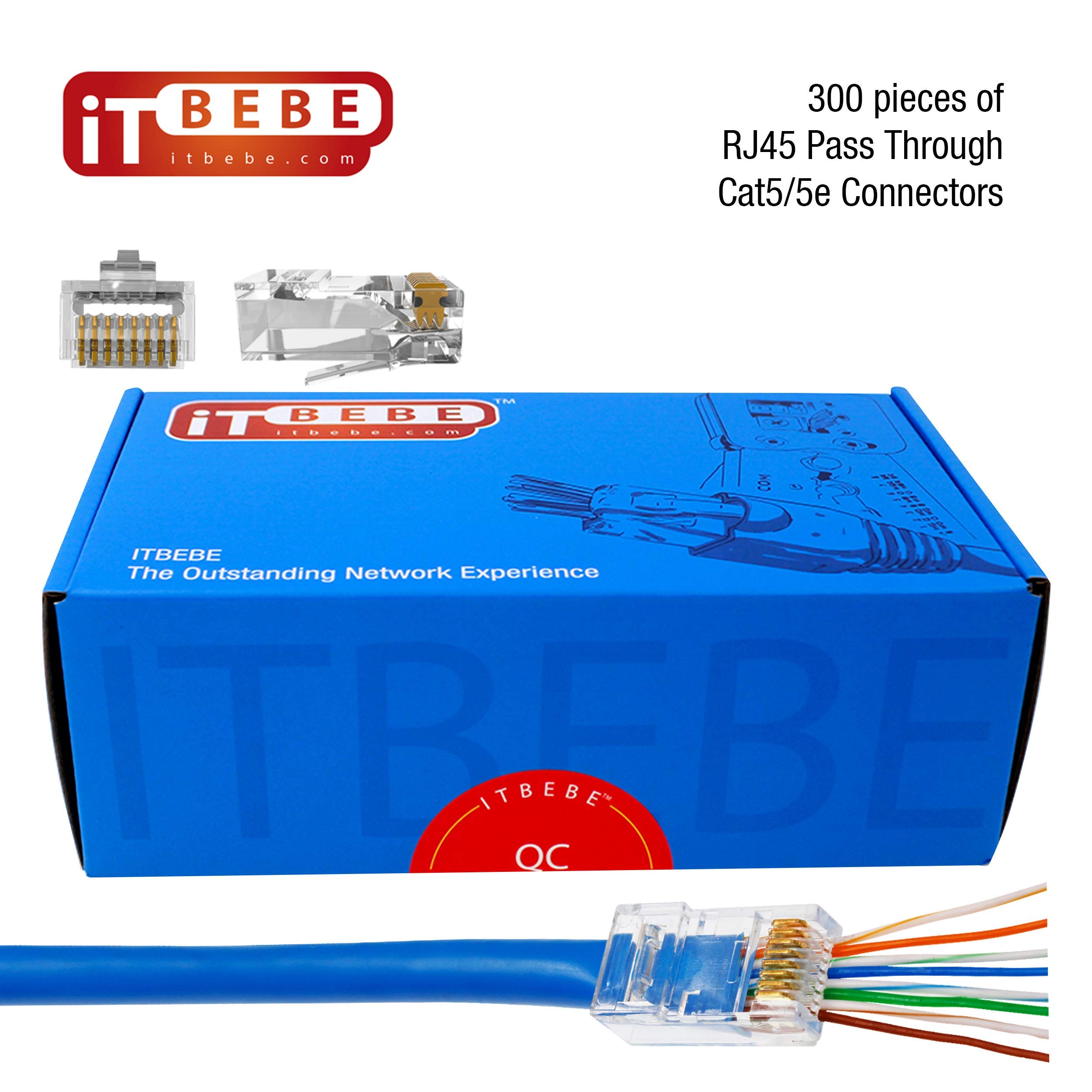 ITBEBE 300 sztuk – pozłacane RJ45 Cat5, wtyczka przelotowa Cat5e – 3 ząbki 3U przejście 8P8C UTP