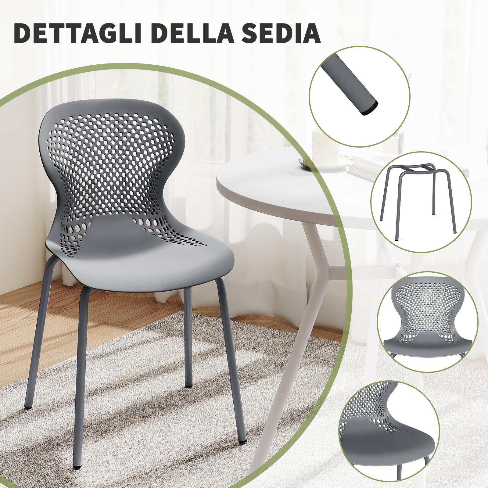 JIJIAN Set di 4 Sedie Sala da Pranzo Impilabili, Sedia da Cucina con Gambe in Metallo, Sedie da Giardino in Plastica, per Sala da Pranzo, Soggiorno, Giardino, Balcone e Terrazza, Grigio