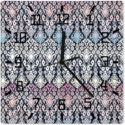 Blue Omre Wooden Wall Clock Silent Non Ticking, Ethnic Flower Geometric Pattern Abstract Art Square Wall Clock Battery Operated, Decor Clock for