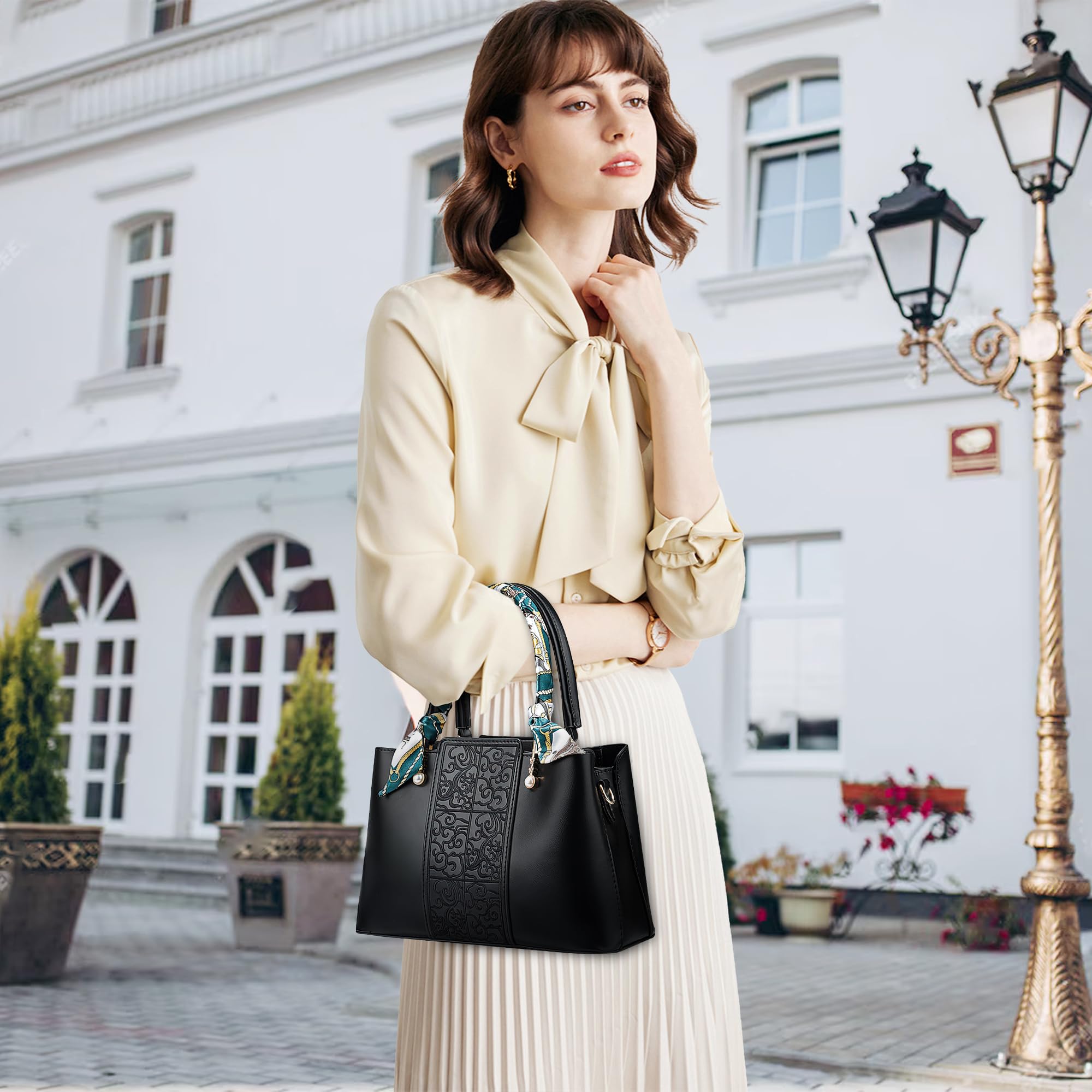 Moda Ricamata Borsa a Mano Donna Elegante Borsa a Tracolla Impermeabile Regolabile Borse a Spalla con Nastro Lavoro Viaggio Partito Pelle PU Nero
