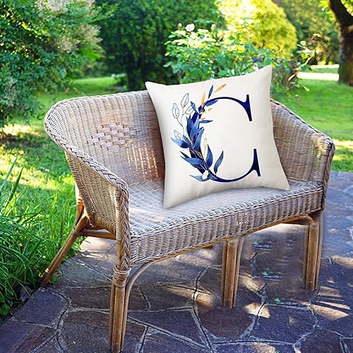 Miniatura 8 de Fundas de almohada con letra B del alfabeto A-Z, 18 x 18 pulgadas, fundas de cojín decorativas con hojas azules, decoración bohemia para sofá,