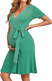 V FOR CITY Maternity Dress Baby Shower Dresses for Women Casual Pleated A Line Waistband Short Sleeve V Neck Knit Summer S-XL - Buy now