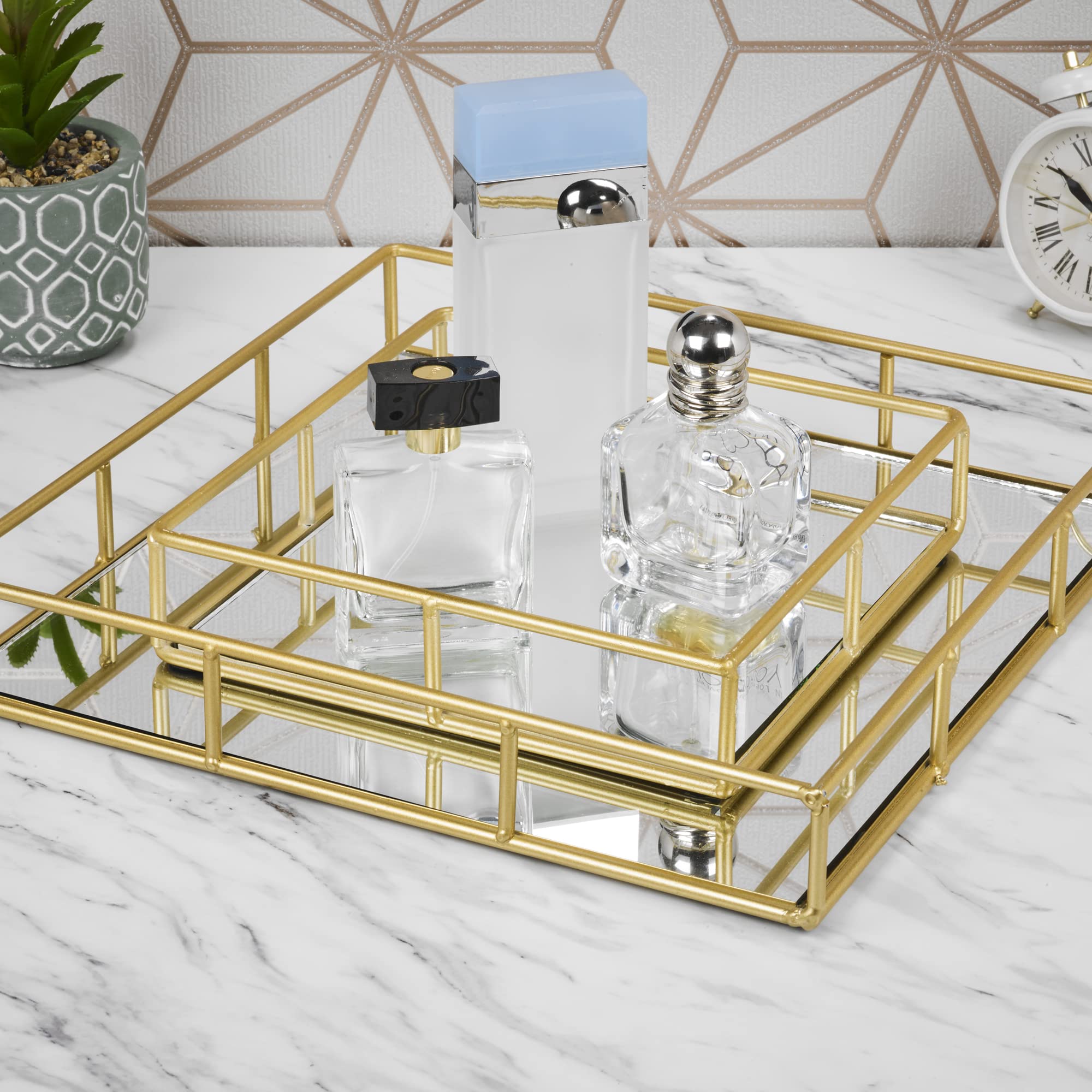 Urbnliving Gold Set Of 2 Metal Decorative Mirror Trays Vanity Perfume Decor Candle Holders (Square)