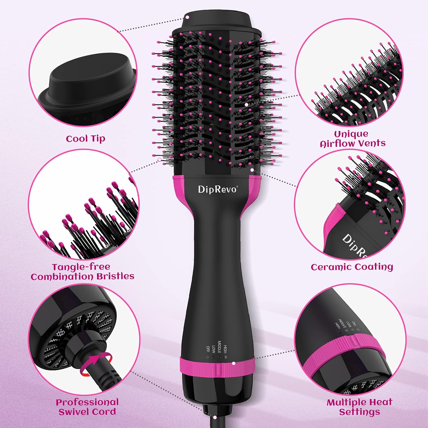 Hair Dryer Brush,DipRevo® Hot Air Brush Styler and Dryer,Professional Hair Dryer & Volumizer with ALCI Safety Plug for Hair Drying Straightening Curling,3 in 1 Brush Hair Dryer for Women,Black,1000W : Beauty & Personal Care