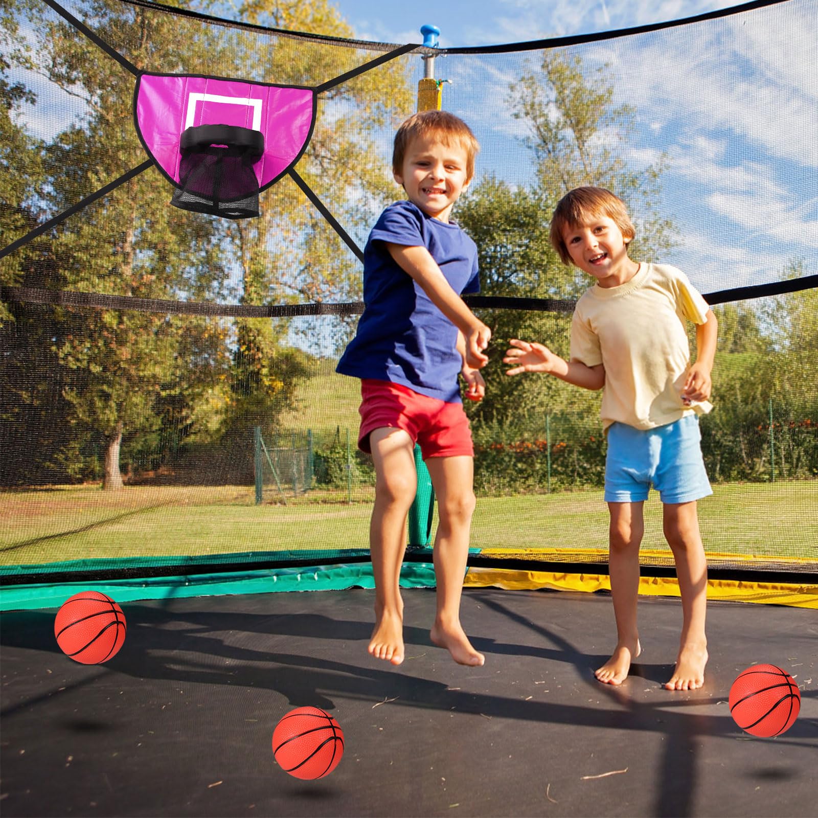 lasuroa Ensemble de Fixation Panier Basket-Ball Trampoline, But Basket-Ball Souple Trampoline avec 3 Mini Ballons Basket et 1 Pompe, Accessoires Trampoline Étanches pour Amateurs Basket-Ball (Rose)