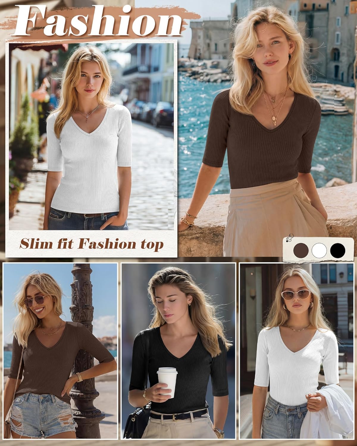 Riyiper 3 Pack Women's Half Sleeve Top Elbow Length Ribbed Cotton T Shirt Women V Neck Summer Tee Slim Fit Casual Blouses - Image 3