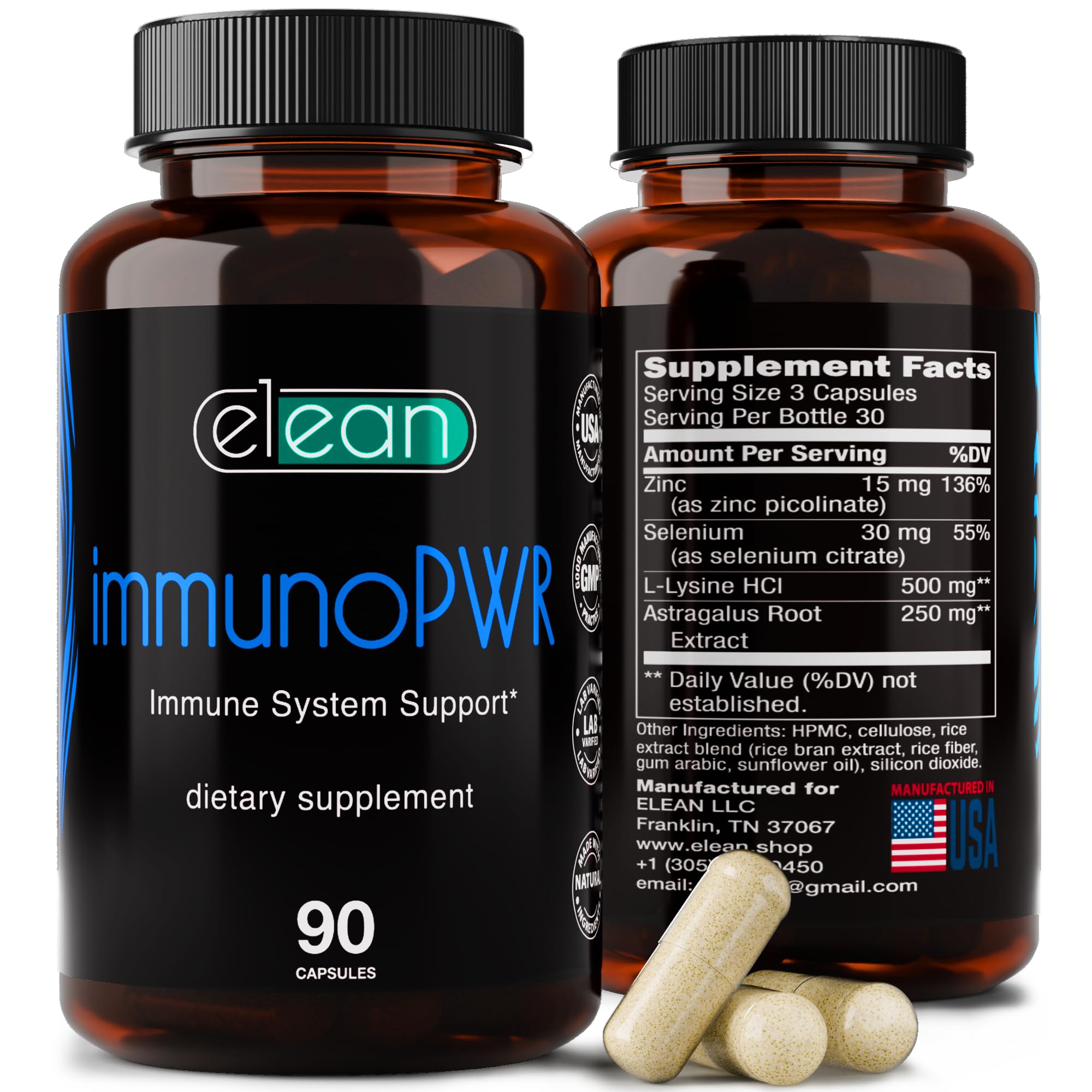 ELEAN Immuno PWR- enriched with Zinc, Selenium, Amino Acid Lysine and Astragalus Root Extract for Collagen Synthesis, Thyroid Health, Mineral Support, Energy and Immune Health 90 Veg Capsules.