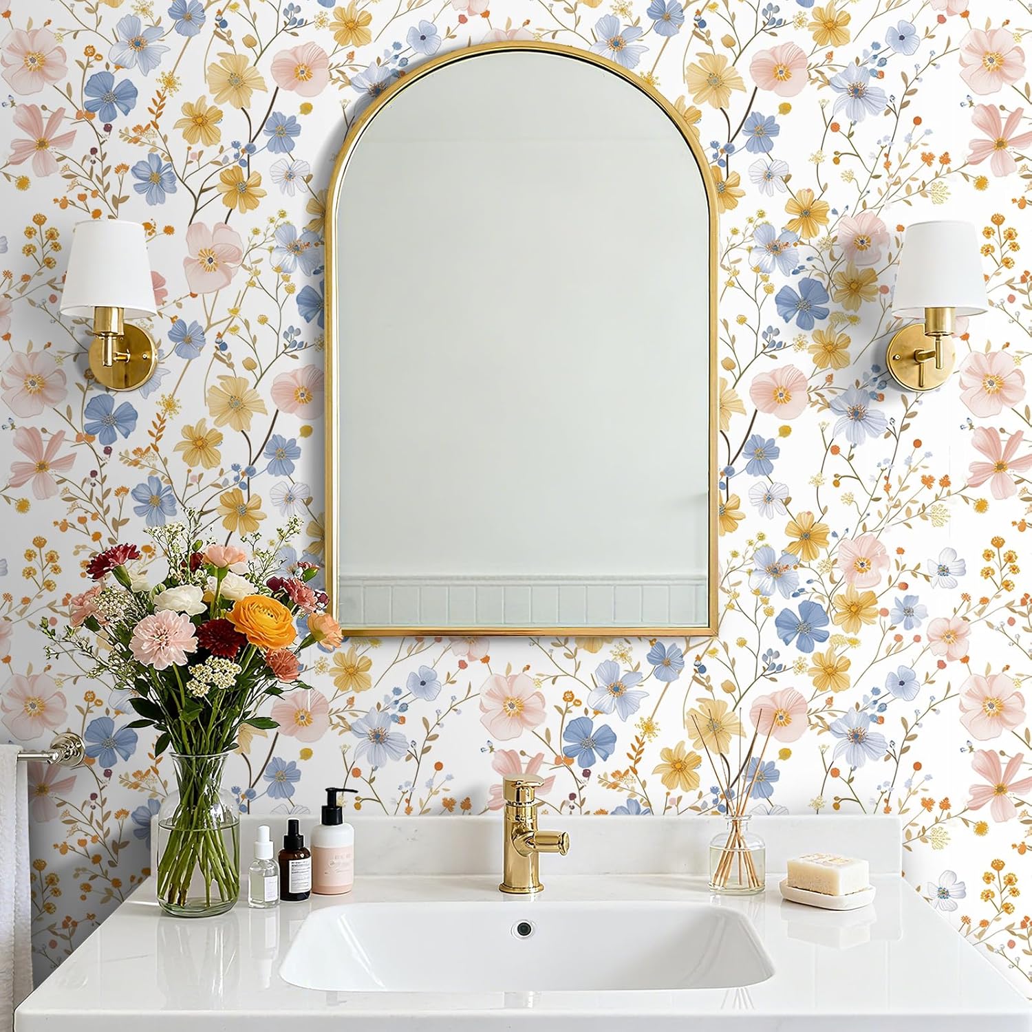 FunStick Watercolor Floral Wallpaper Peel and Stick Removable Wildflower Wallpaper Prepasted White Blue Yellow Pink Floral Contact Paper for Cabinets Self Adhesive Wall Paper for Bedroom Nursery Walls