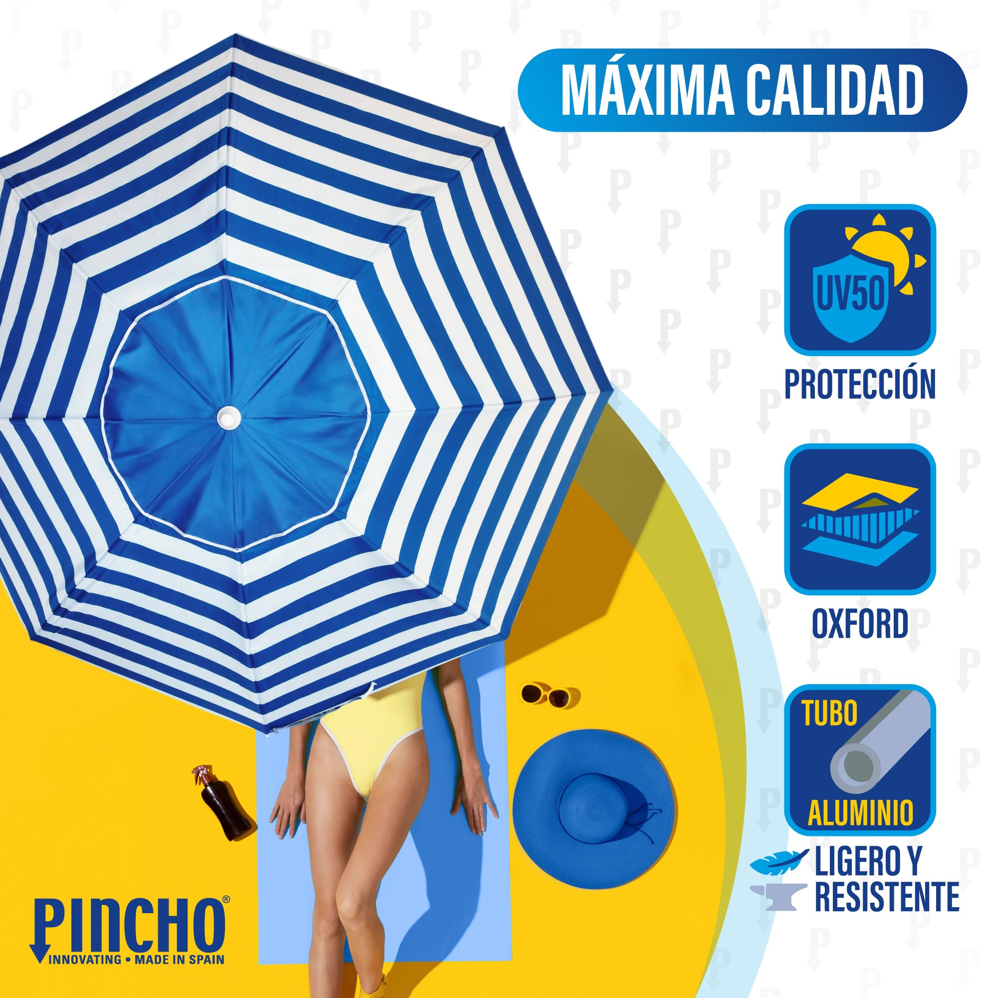 Pincho Large Beach Umbrella 200 cm Wind-proof up to 35 km/h, Aluminium, 8 Fibreglass Ribs, Weight 1.6 kg