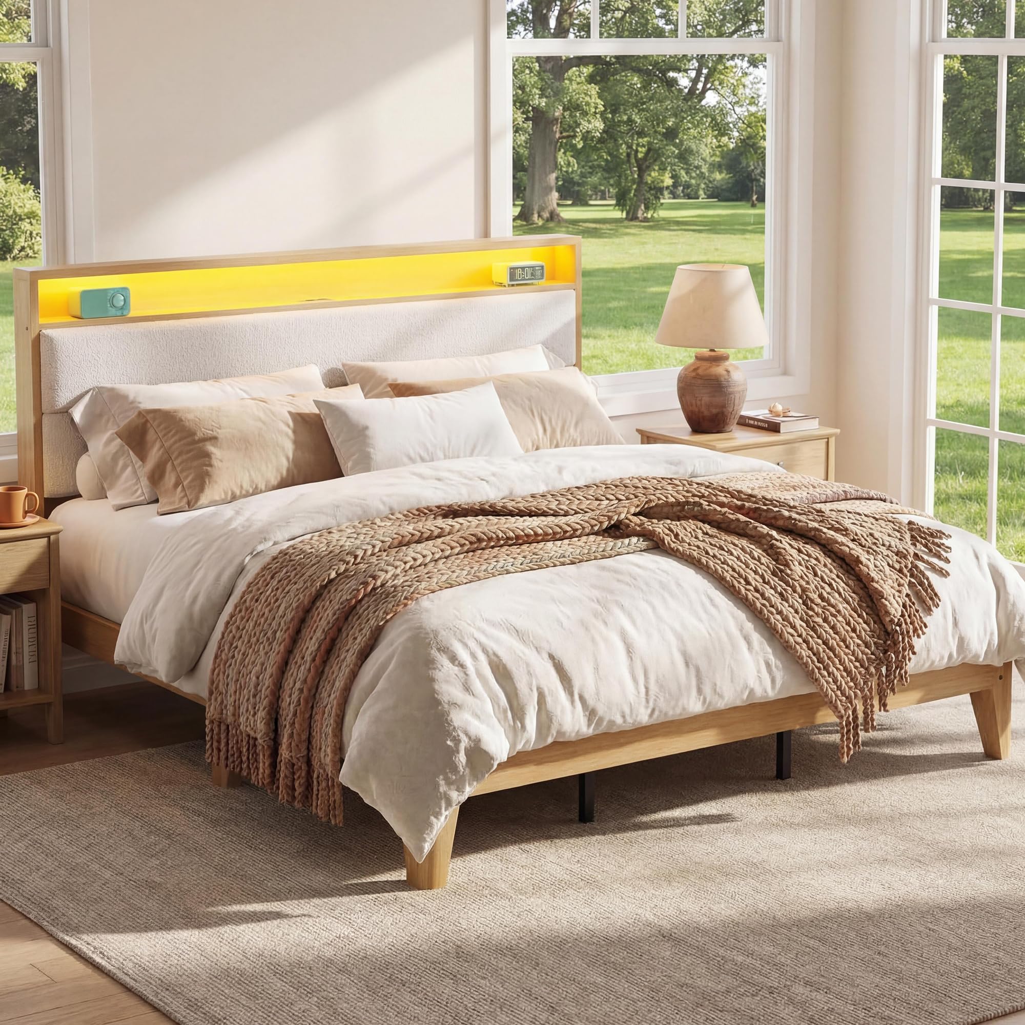 Photo 1 of ****STOCK PHOTO FOR REFERENCE ONLY** Boucle Bed Frame with Headboard and LED Lights, Upholstered Platform Bed Frame with Charging Station and 2-Tier Storage Shelves, No Box Spring Needed, Easy Assembly, White
