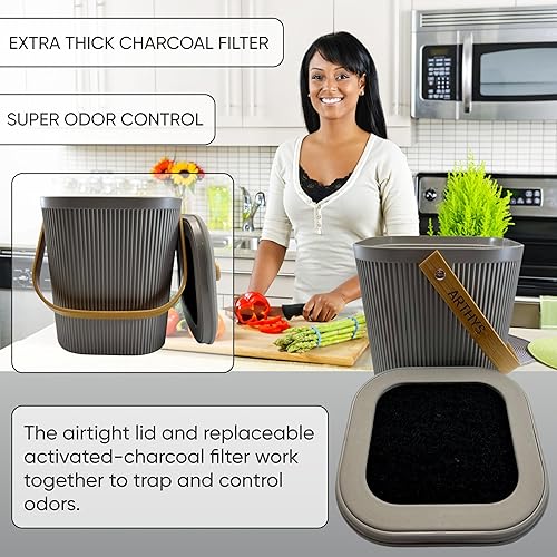 Miniatura 6 de Contenedor de compost de cocina con filtros de carbón, compostador de alimentos sostenible de fibra de bambú para encimera, cubo de compostaje para