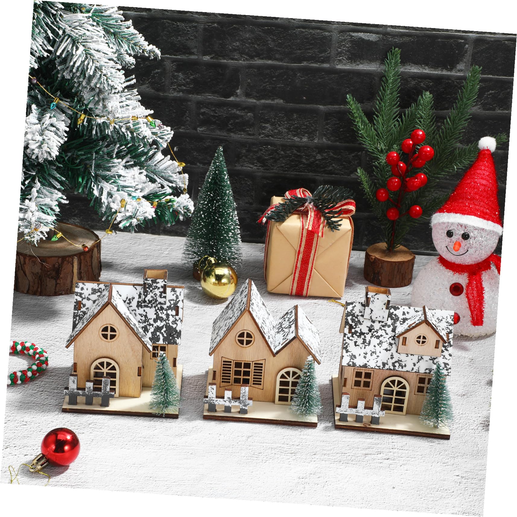 3 Piezas Casas Navideñas de Madera Iluminadas LED Juego de Miniaturas Decorativas para Mesa y Estantes Ambientación Festiva Tradicional