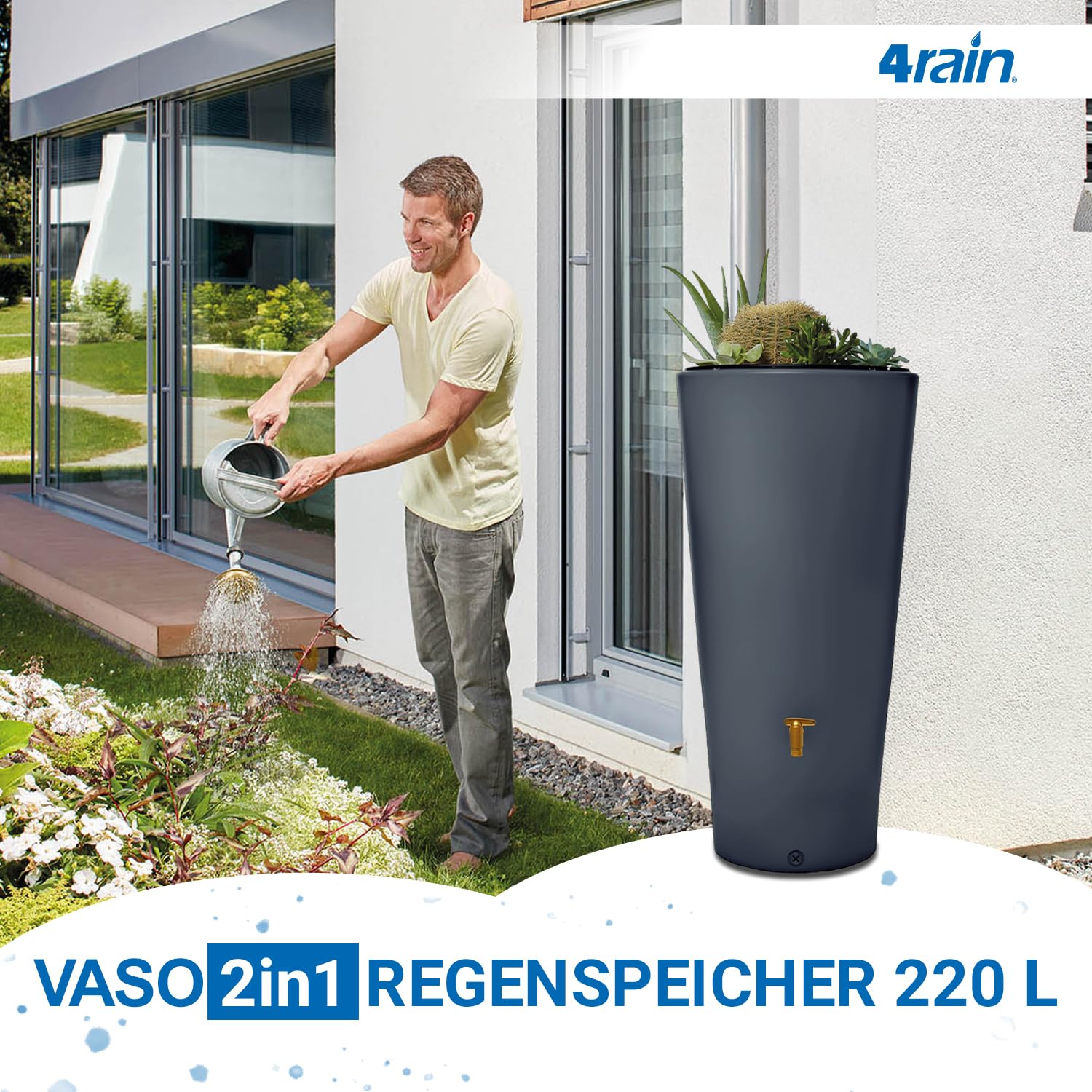 4rain Vaso 2in1 Regentonne 220 Liter Graphite Grey inkl. Pflanzschale | stilvolle Regentonne für Garten mit Auslaufhahn und Pflanzschale nachhaltiger Wassertank in Anthrazit für Bewässerung