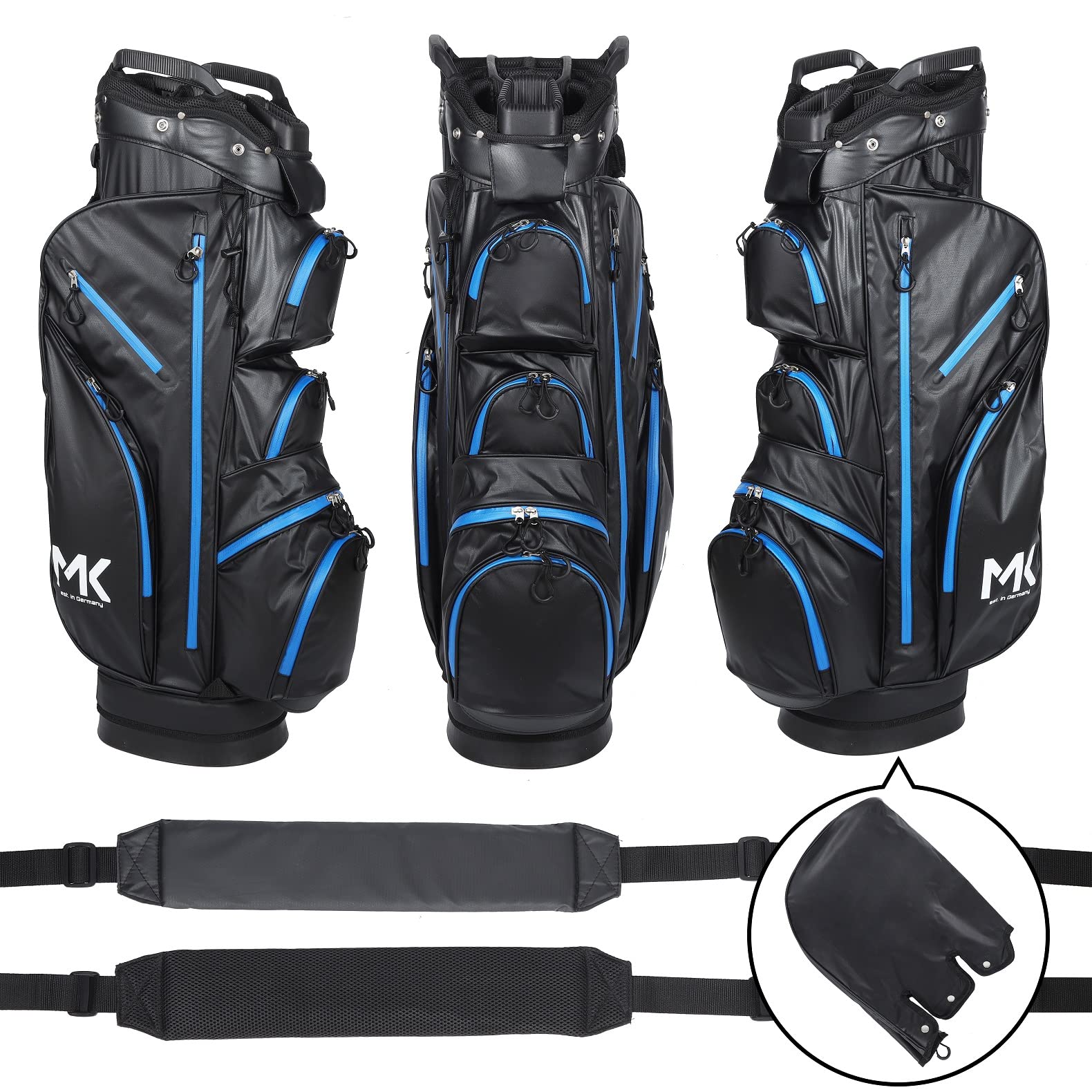 MK GolfBag Tour Pro Trolleybag 14 Fächer Getränkekühlfach Golftasche Rot wasserdicht Bag Golf und 12 Golfbälle gratis Paket