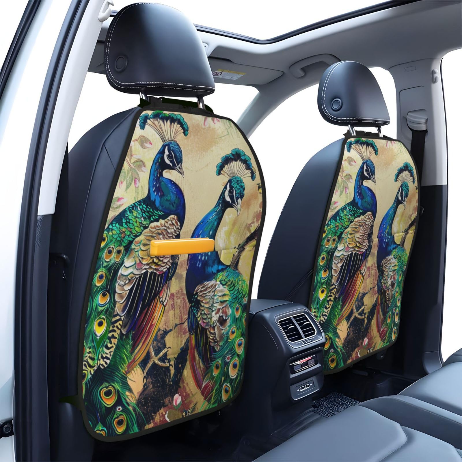 JTNWEC Peacocks Print Car Seat Kick Mats with Organisers 2 Pack Backseat Protector Seat Covers for Your Car, SUV, or Truck