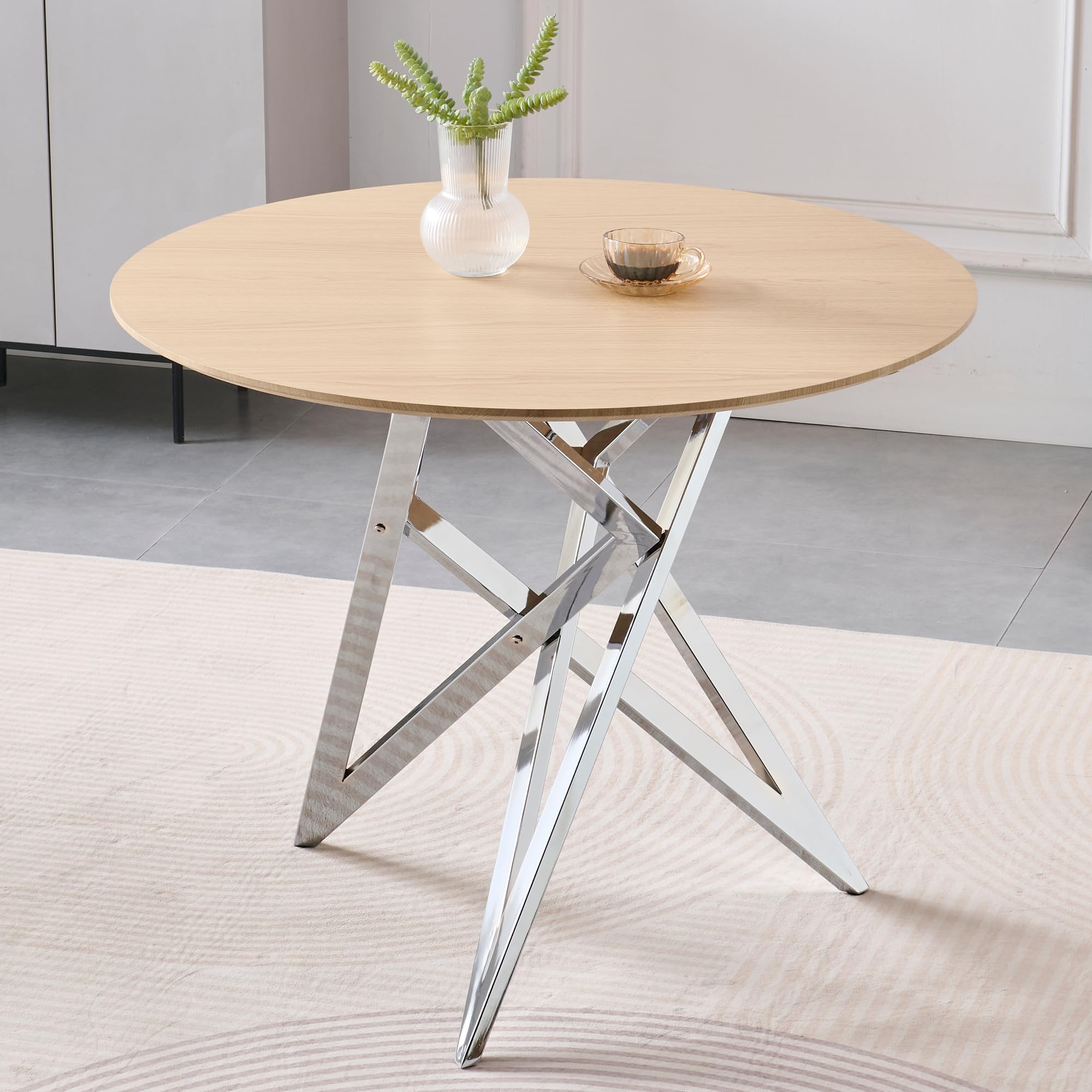 Condition photo showing New/Like New for george oliver 37inch round dining table, small round kitchen table with silver metal legs, suitable for 2 to 4 people, modern dining room table, burlywood.