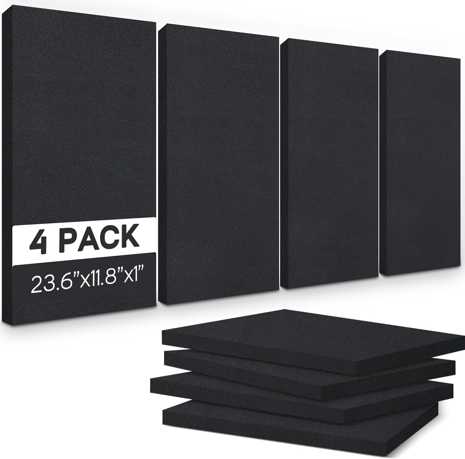 BUBOS 4 PCS Acoustic Panels,23.6''x11.8'' Fabric Soundproof Wall Panels,Self-adhesive Sound Absorbing Panels for Studios, Office, Home Theater,Fabric-Clad Black