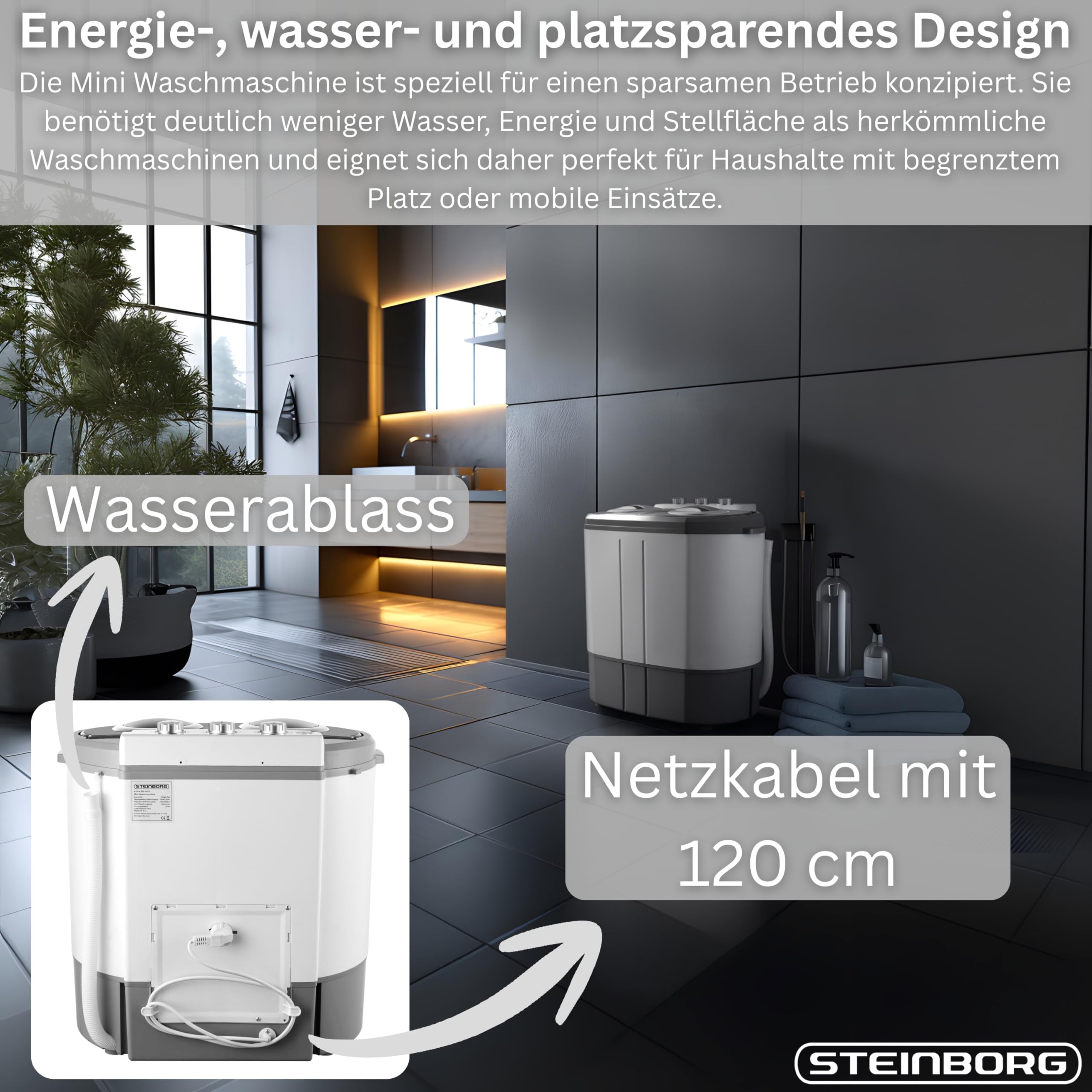 Steinborg Mini Waschmaschine mit Schleuder 2-Kammer Toploader 3 kg 1 kg kompakt Camping Reisen Haushalt