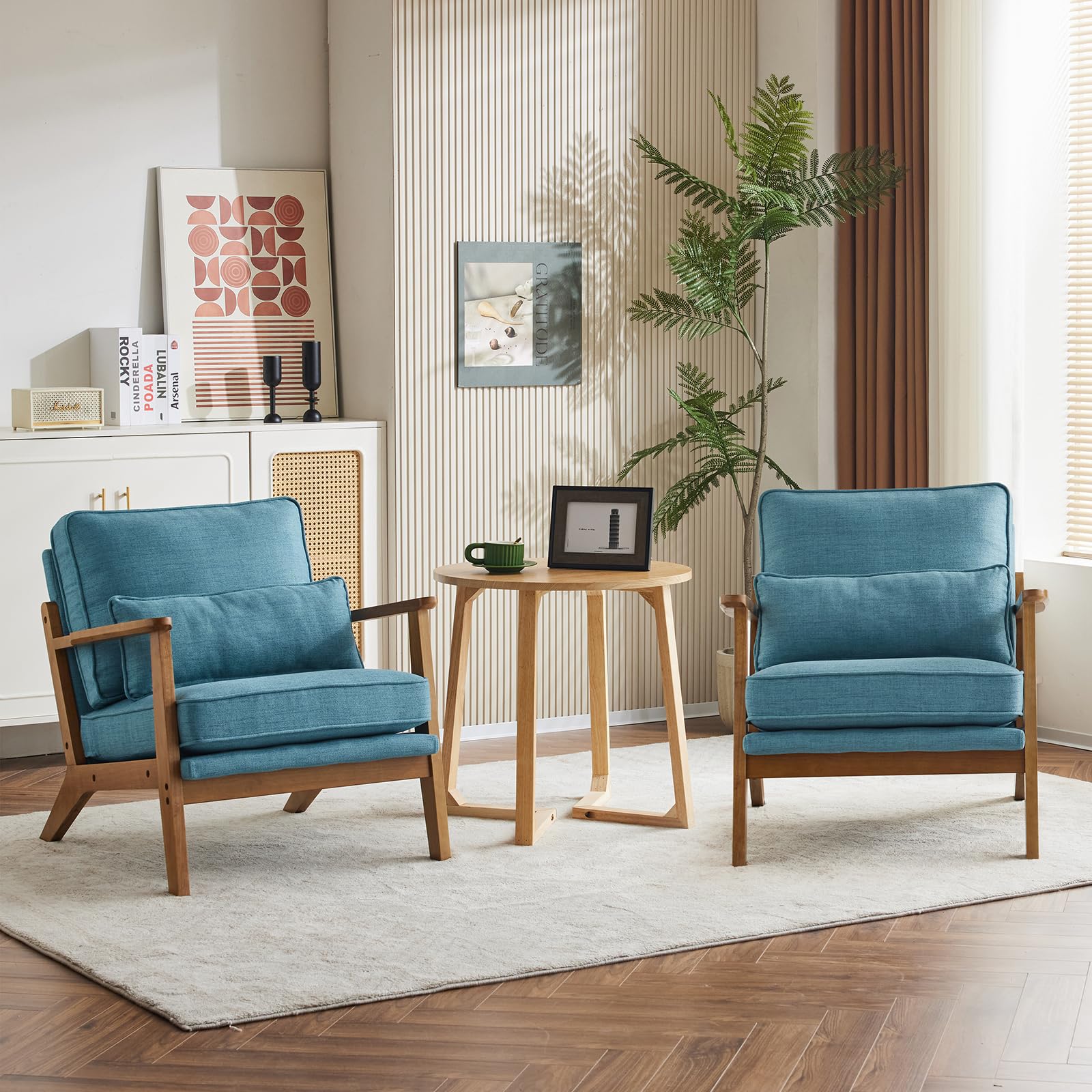 Bonnlo Accent Chair, Soild Wood Padding Lounge Armchairs Set of 2, Occasional Reading Chair with Cushions and Lumbar Pillow, Armchairs for Living Room, Bedroom, Guest Room,Wide Arm, Fabric, Blue