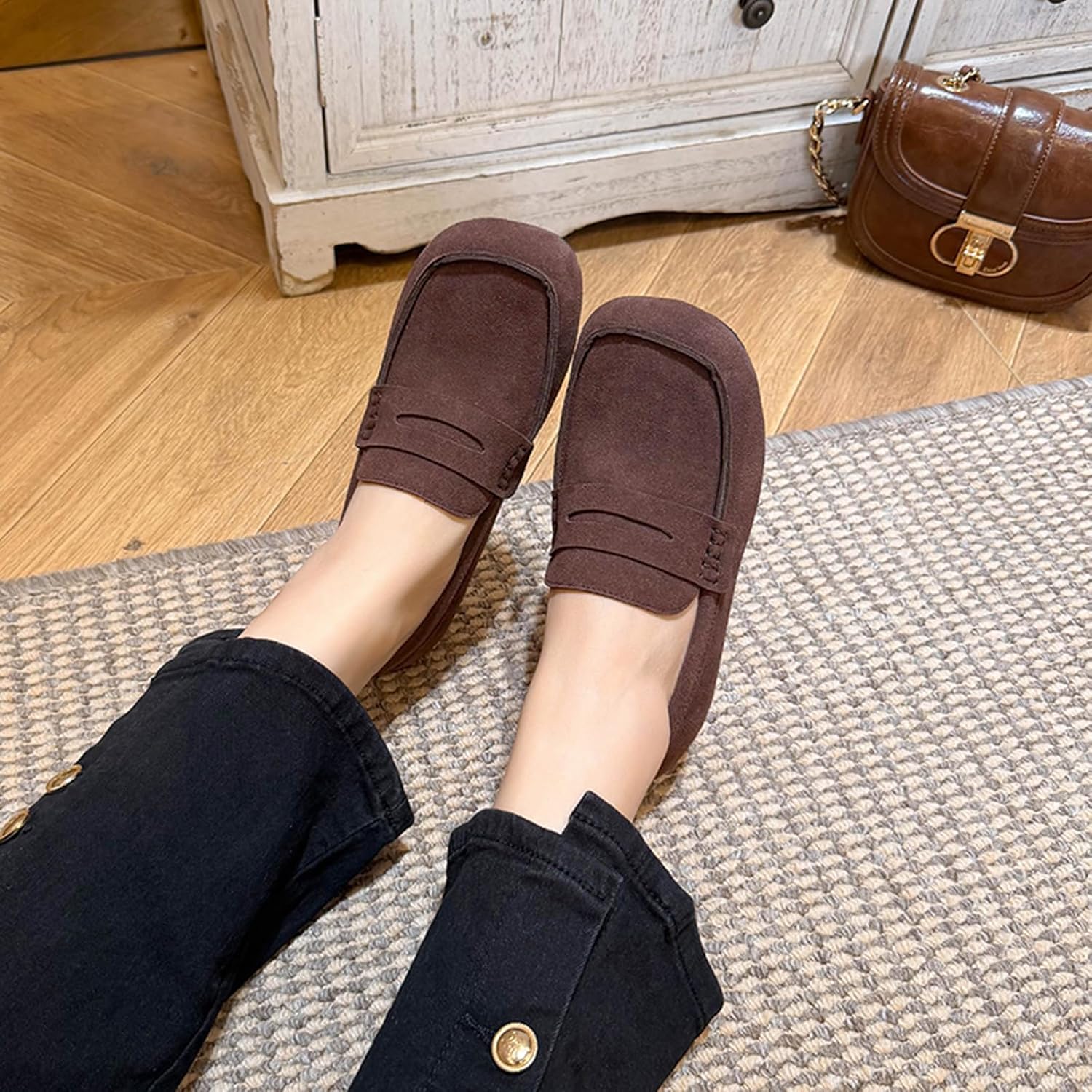Women's Suede Wide Toe Loafers with Height-Increasing Insoles Comfort Wide Toe Slip-On Inner Wedge Heel Loafer Shoes for Home Walking Office Party