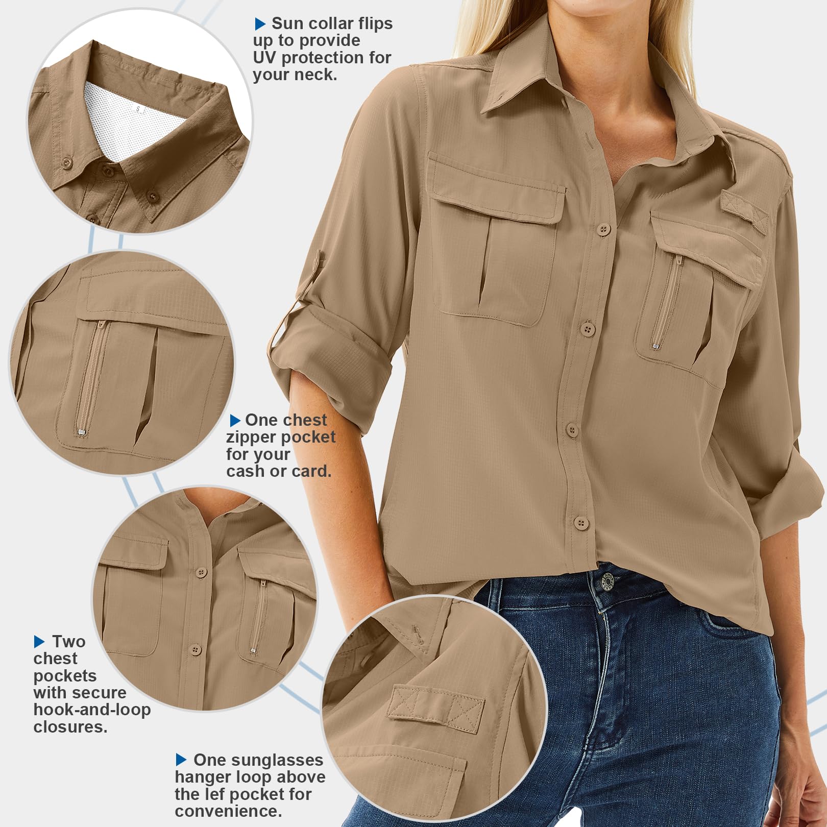 Toumett LSF 50 Damen-Safari-Shirt, langärmelig, UV-Schutz, schnell trocknend, Angeln, Wandern, Reisen