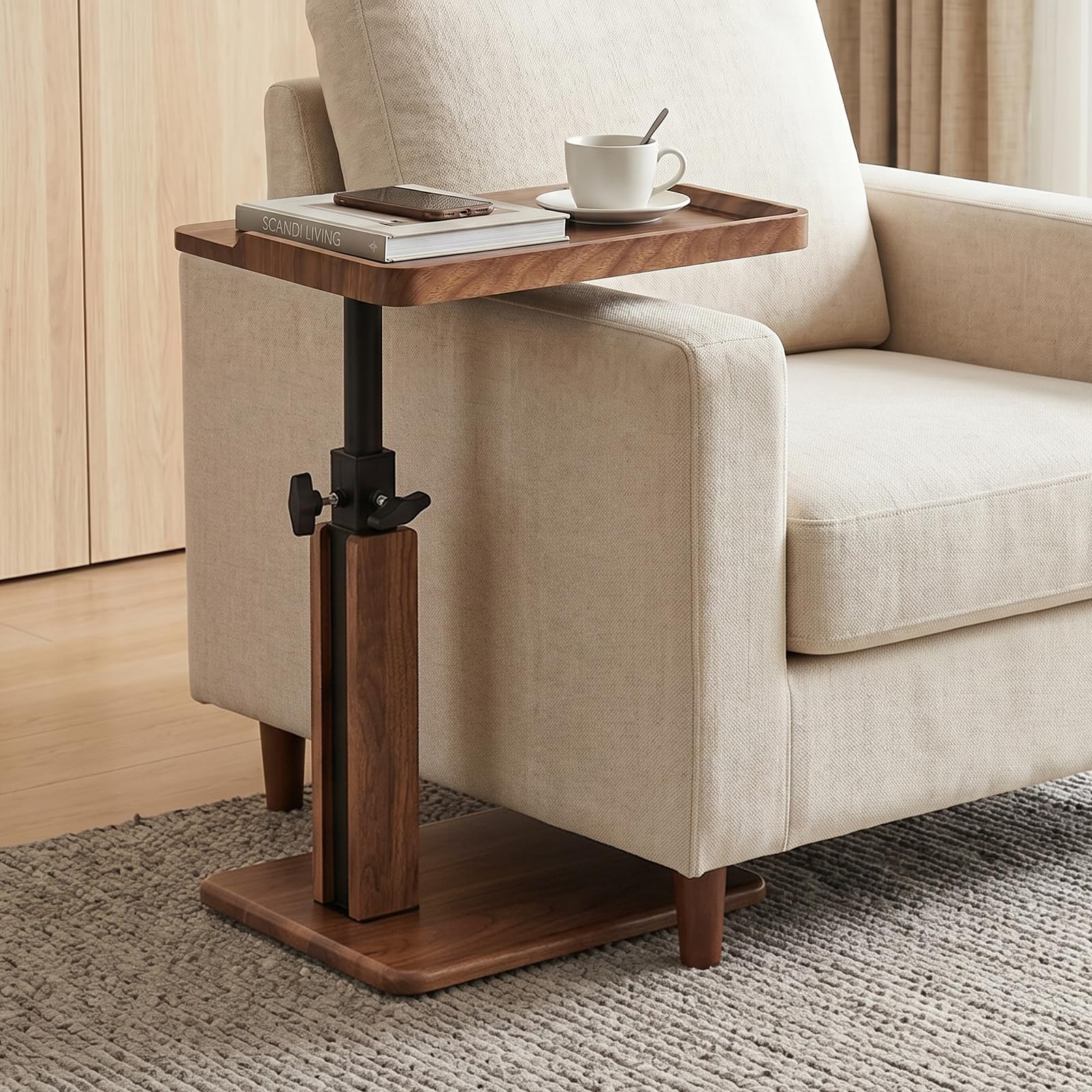 Beistelltisch Höhenverstellbar 45–80 cm, C Form Sofa Beistelltisch mit 3-seitigem Holzrand, Kleiner Sofatisch für Couch, Bett, Walnuss