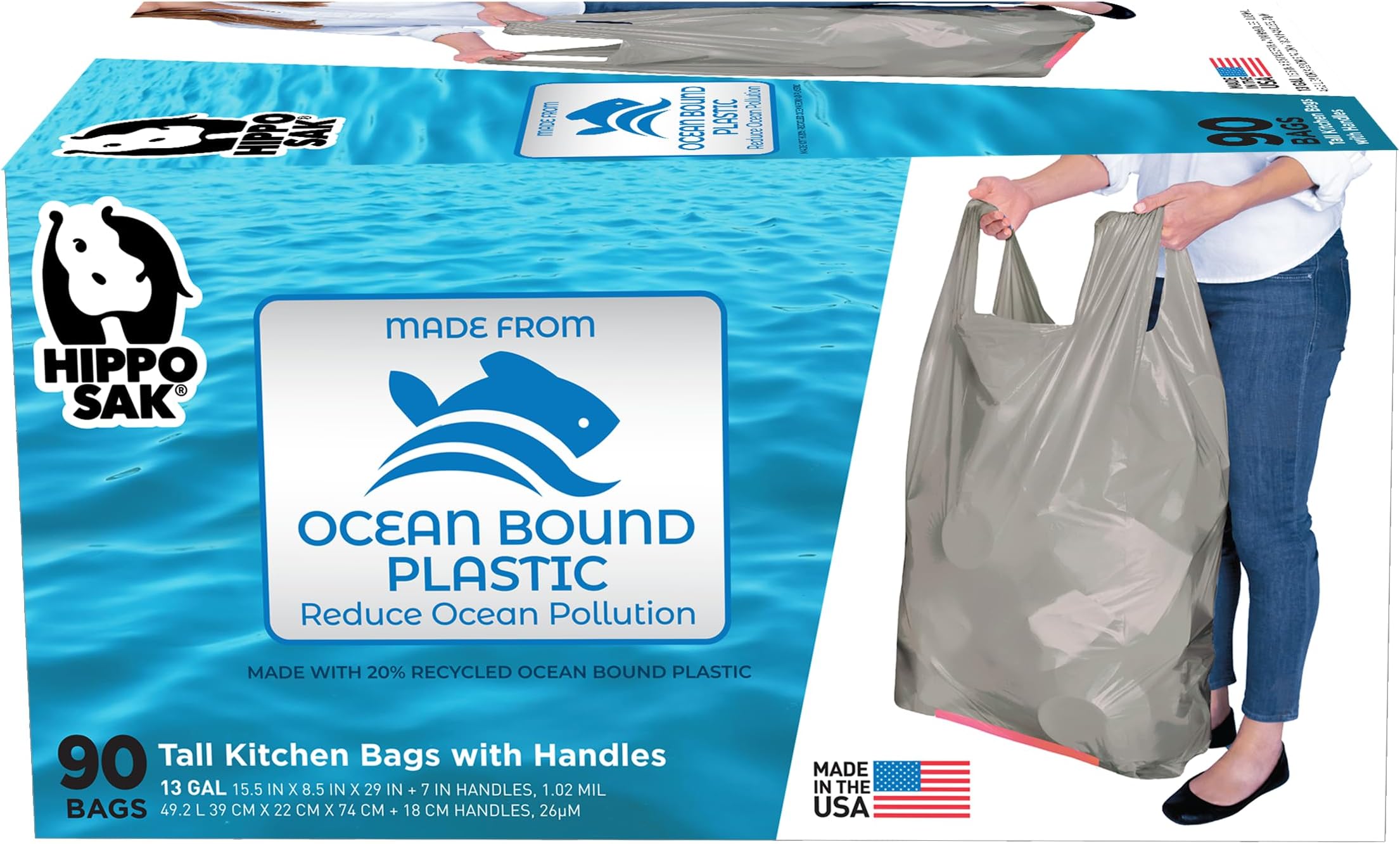 Tall Kitchen Garbage Bags with Ergonomic Handles - 13 Gallon Trash Bags Made from Recycled Ocean Bound Plastic - Super Strong and Leak Proof Tall Kitchen Trash Bags (90 Count)