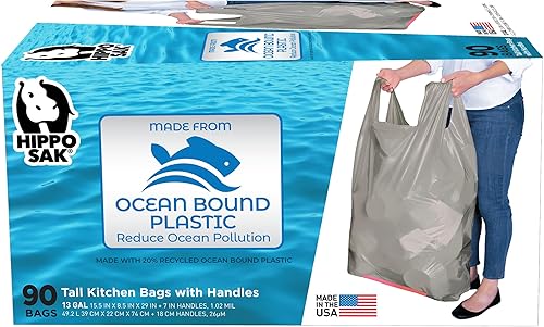 Hippo Sak - Bolsas altas de basura para cocina con asas ergonómicas - Bolsas de basura de 13 galones fabricadas con plástico reciclado de zonas