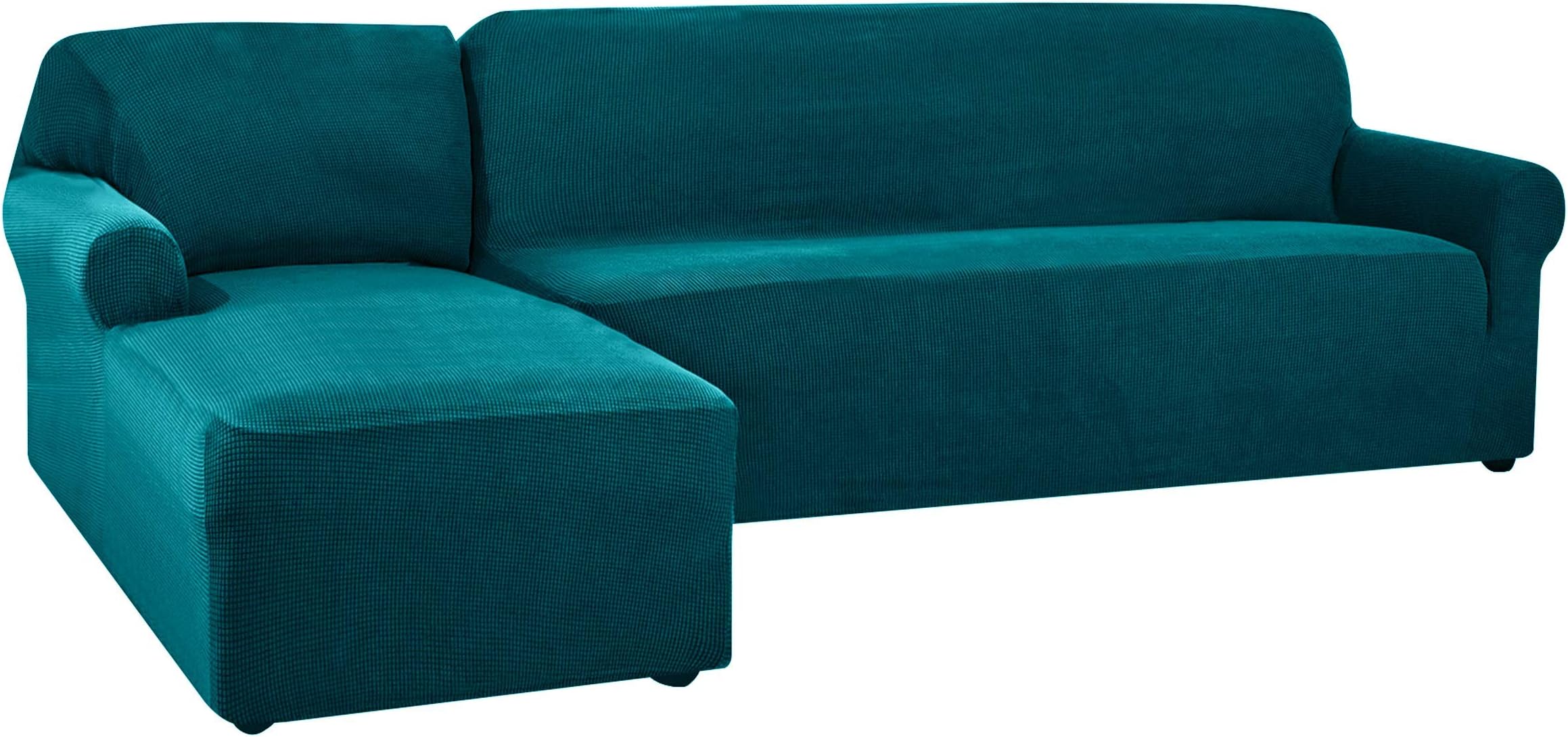 CHUN YI Stretch Sectional Couch Covers Soft L Shaped Sofa Slipcovers with Elastic Bottom, Jacquard Chaise Lounge Set for Living Room 2 Seat Sofa (Left Chaise,Teal)